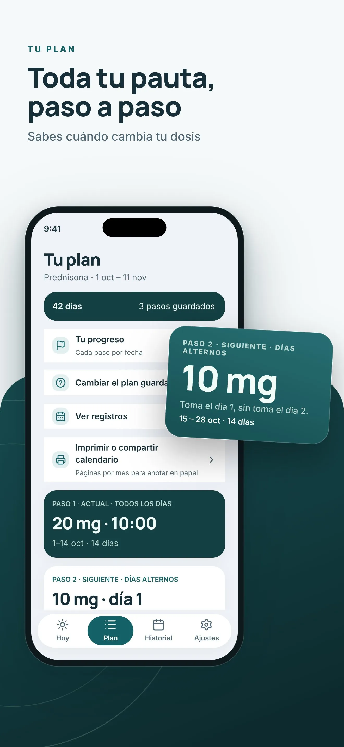 Pantalla Plan con todos los pasos de la pauta recetada y cuándo cambia la dosis.