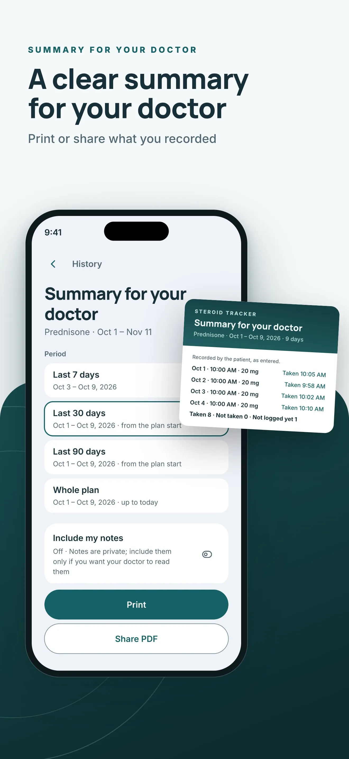 Summary for the doctor, a PDF that can be printed or shared.