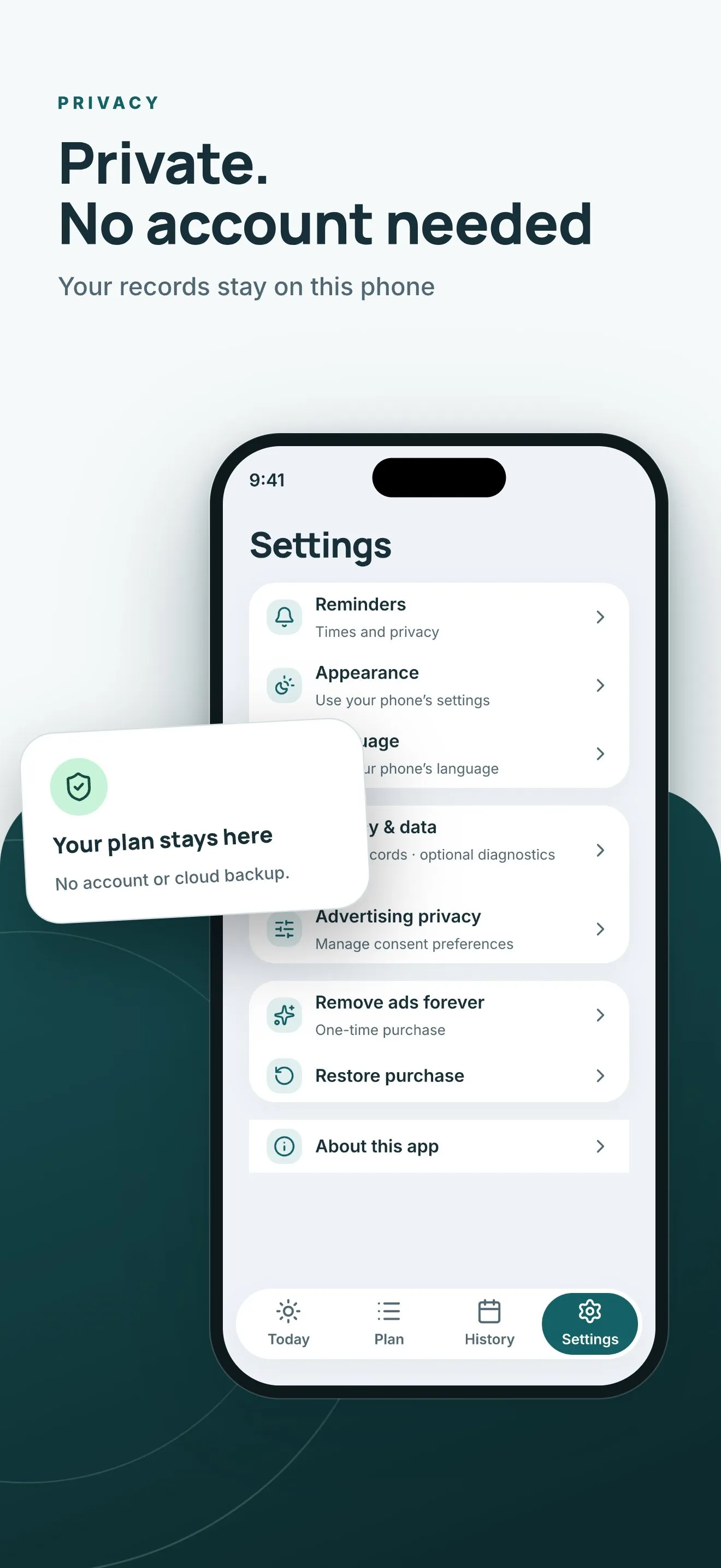 Settings screen showing reminders, privacy, advertising choices and the Remove Ads purchase. No account is needed.