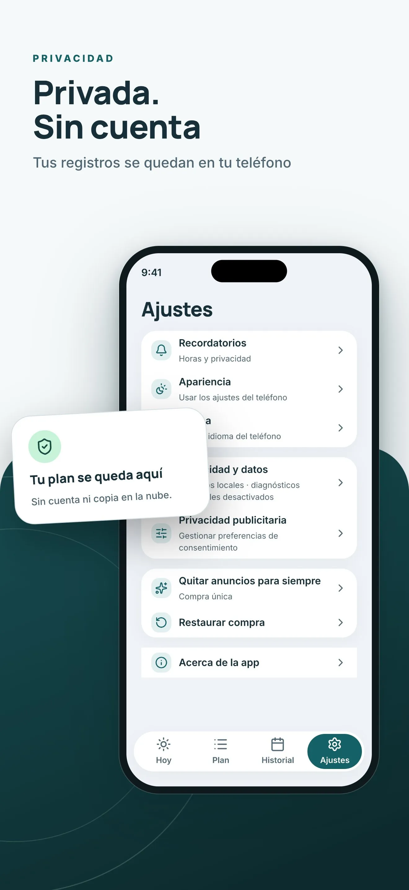 Pantalla de ajustes con recordatorios, privacidad, opciones de publicidad y la compra para quitar anuncios. No hace falta cuenta.