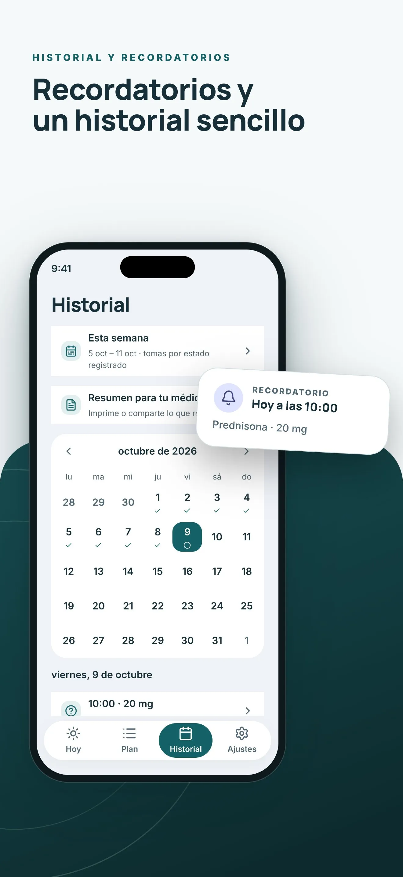 Calendario de historial con las dosis registradas y un recordatorio.