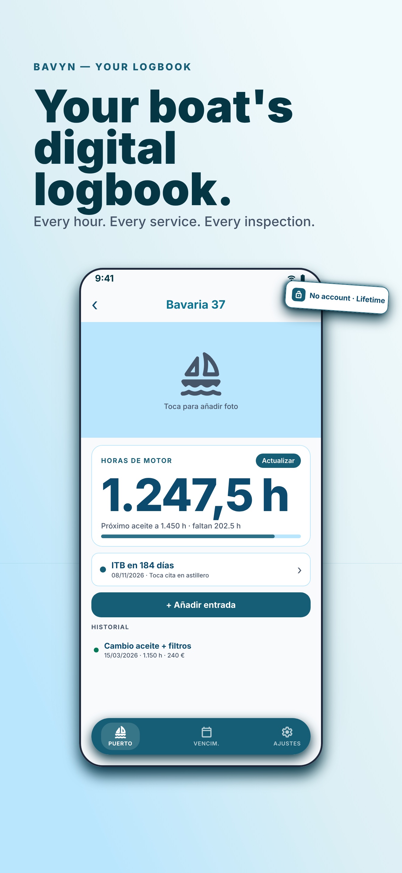 Bavyn home view with your boats and upcoming engine-hour services at a glance.