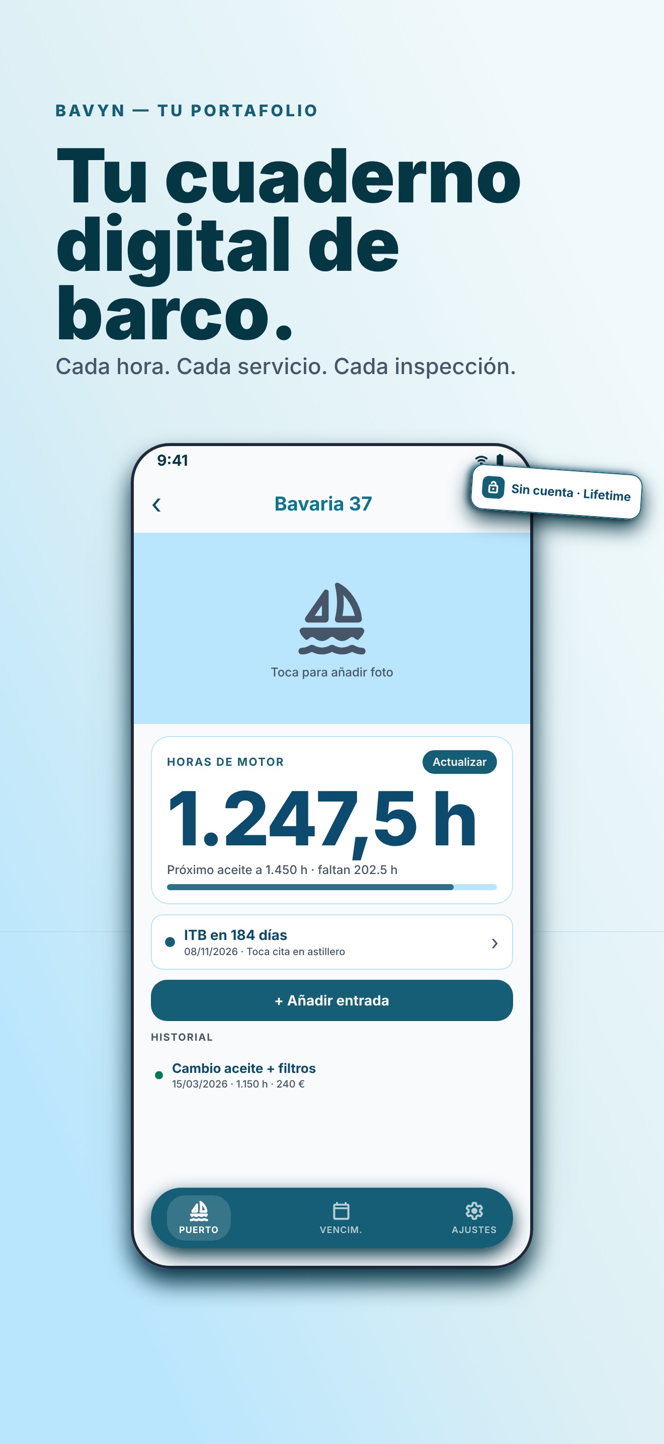Vista principal de Bavyn con tus barcos y próximos servicios por horas de motor.