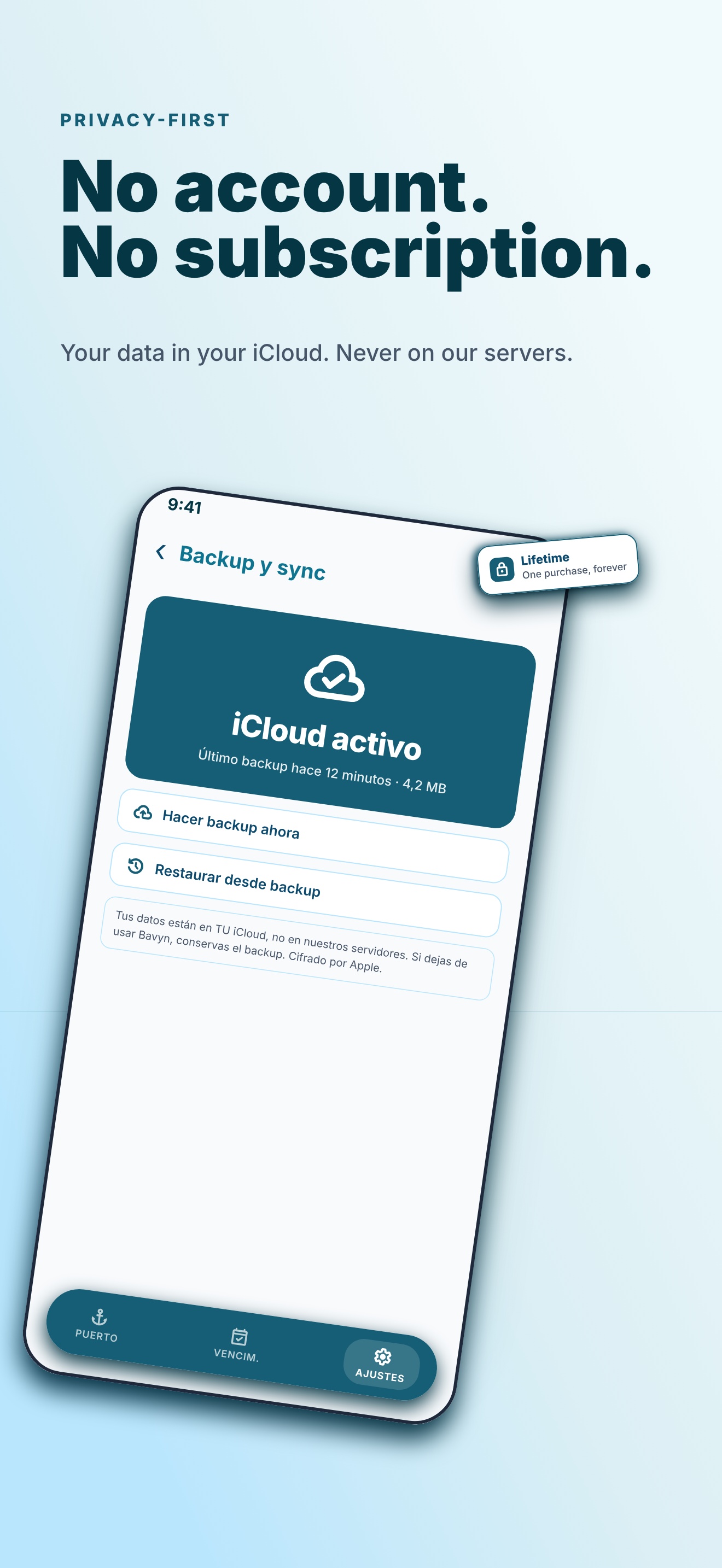 Bavyn privacy screen — offline-first, no account, your data stays on your device.