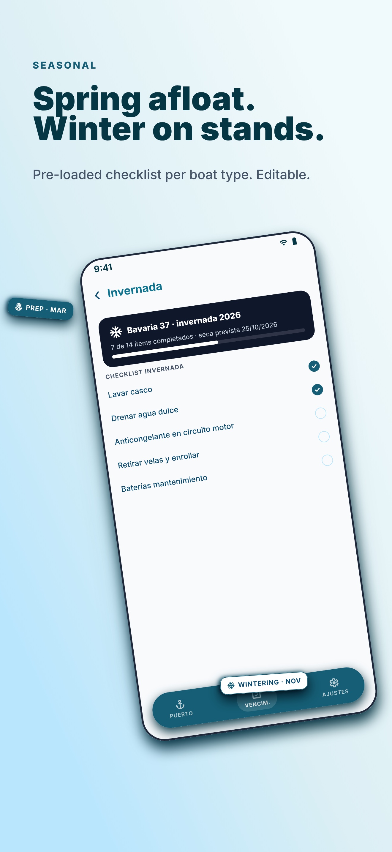 Bavyn seasonal checklists for spring afloat and winter on stands, pre-loaded by boat type.