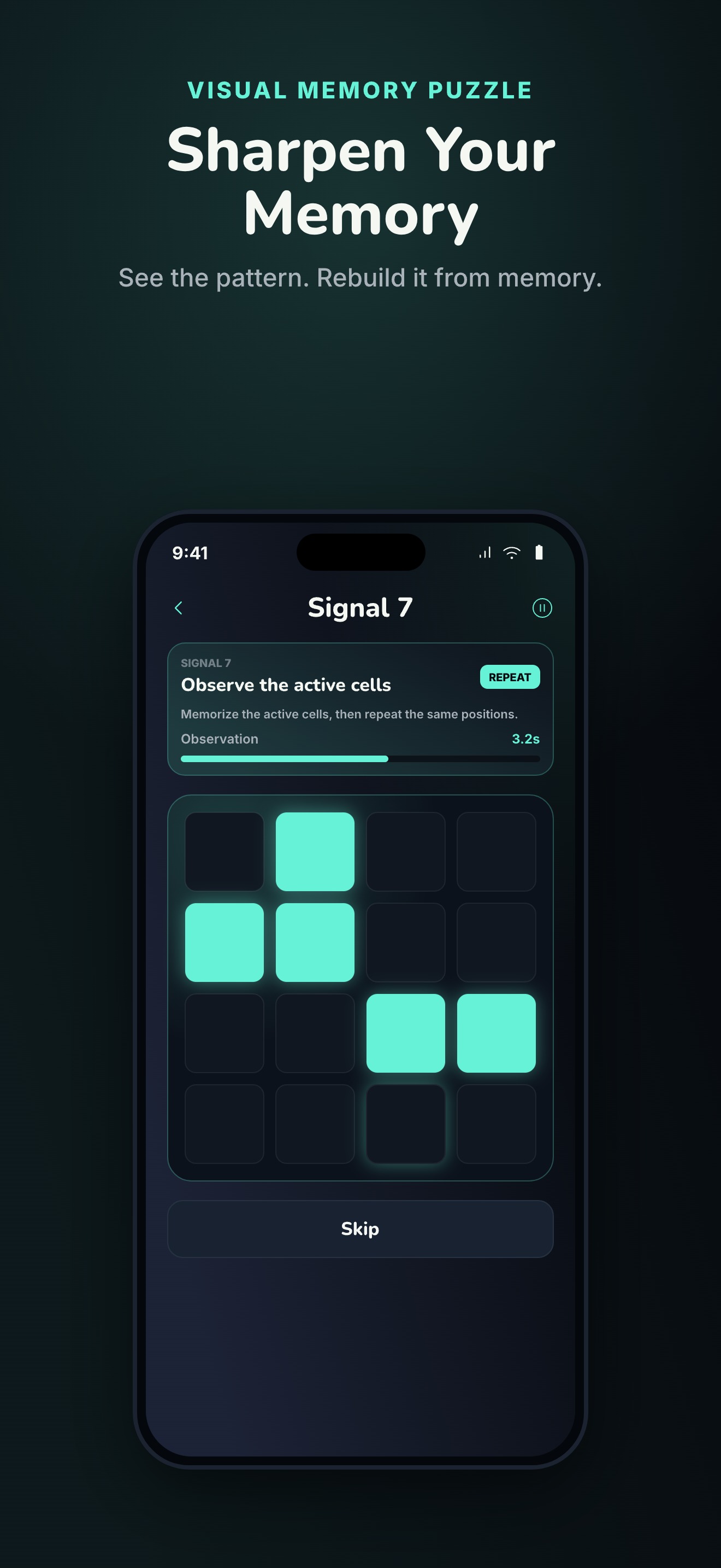 EchoGrid memory puzzle — read the signal of lit cells, hold it in mind and rebuild the pattern from memory.