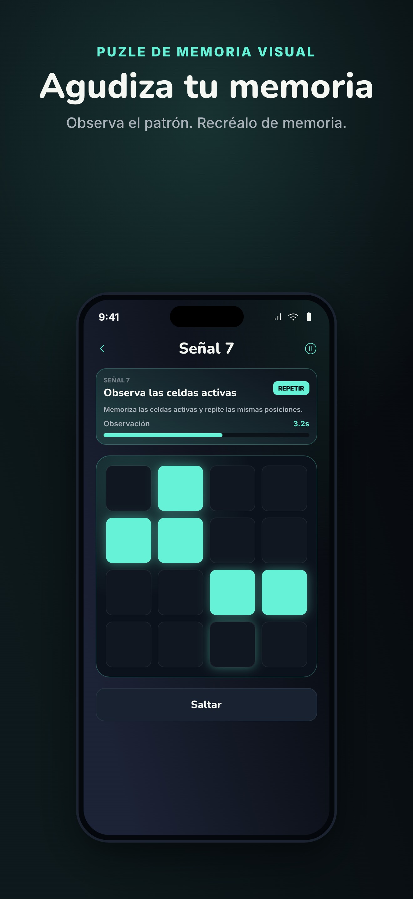Puzle de memoria EchoGrid — lee la señal de celdas encendidas, retenla en la mente y reconstruye el patrón de memoria.