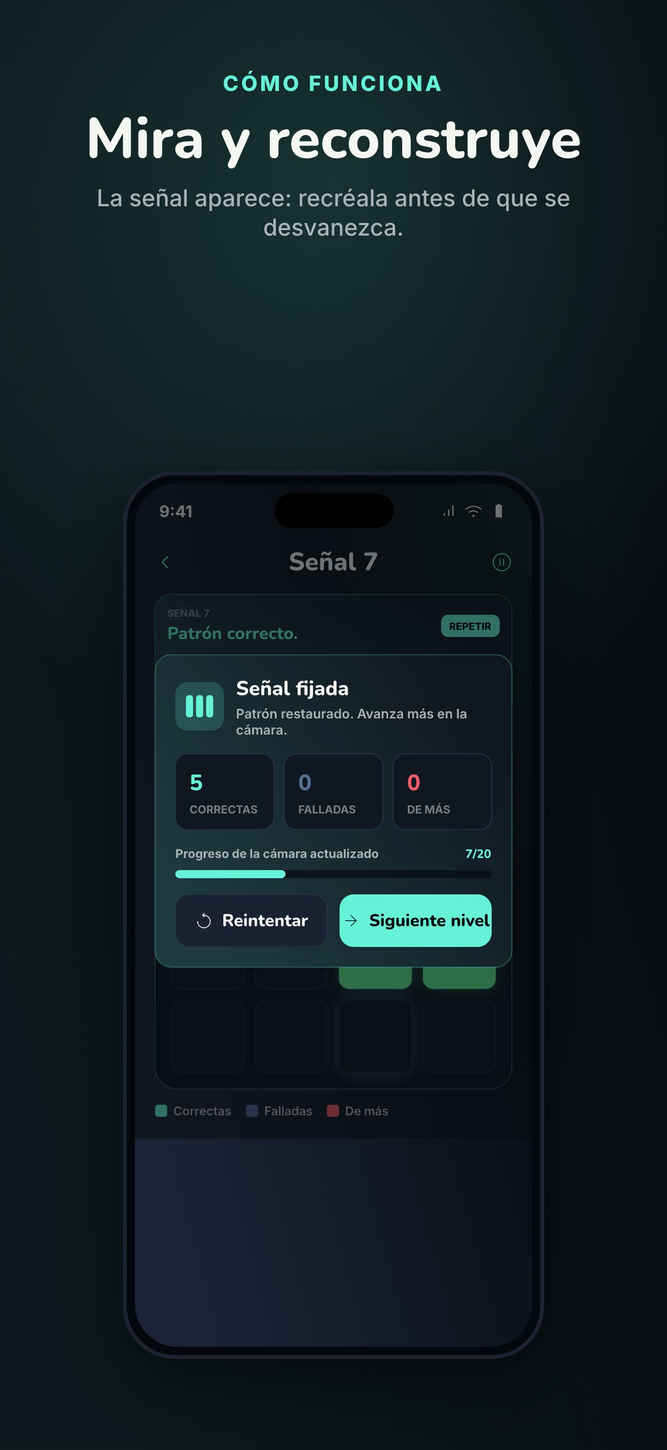 Patrón reconstruido en EchoGrid — recrea exactamente lo que viste sobre la cuadrícula oculta.