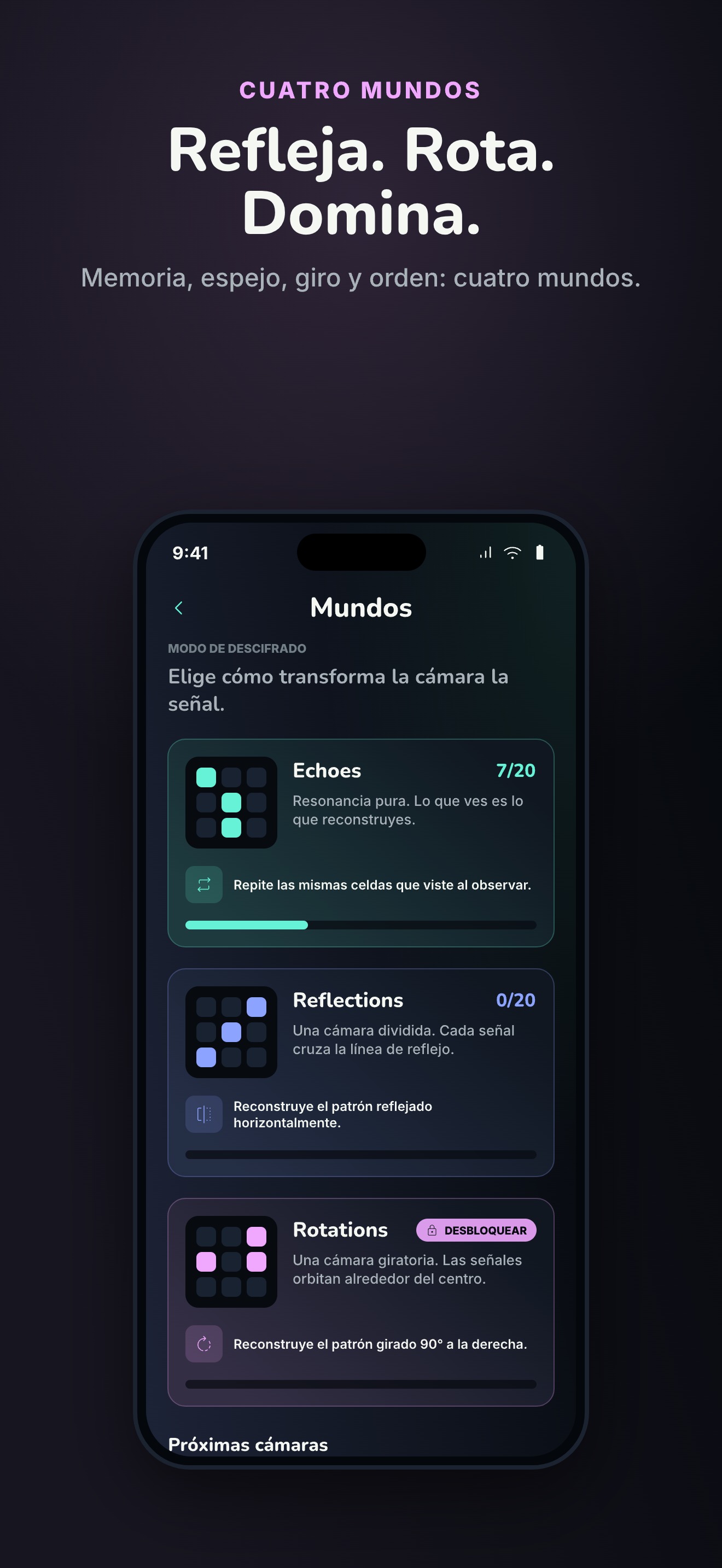Mundos espaciales de EchoGrid — refleja, rota y secuencia el patrón mientras cada mundo retuerce la regla.