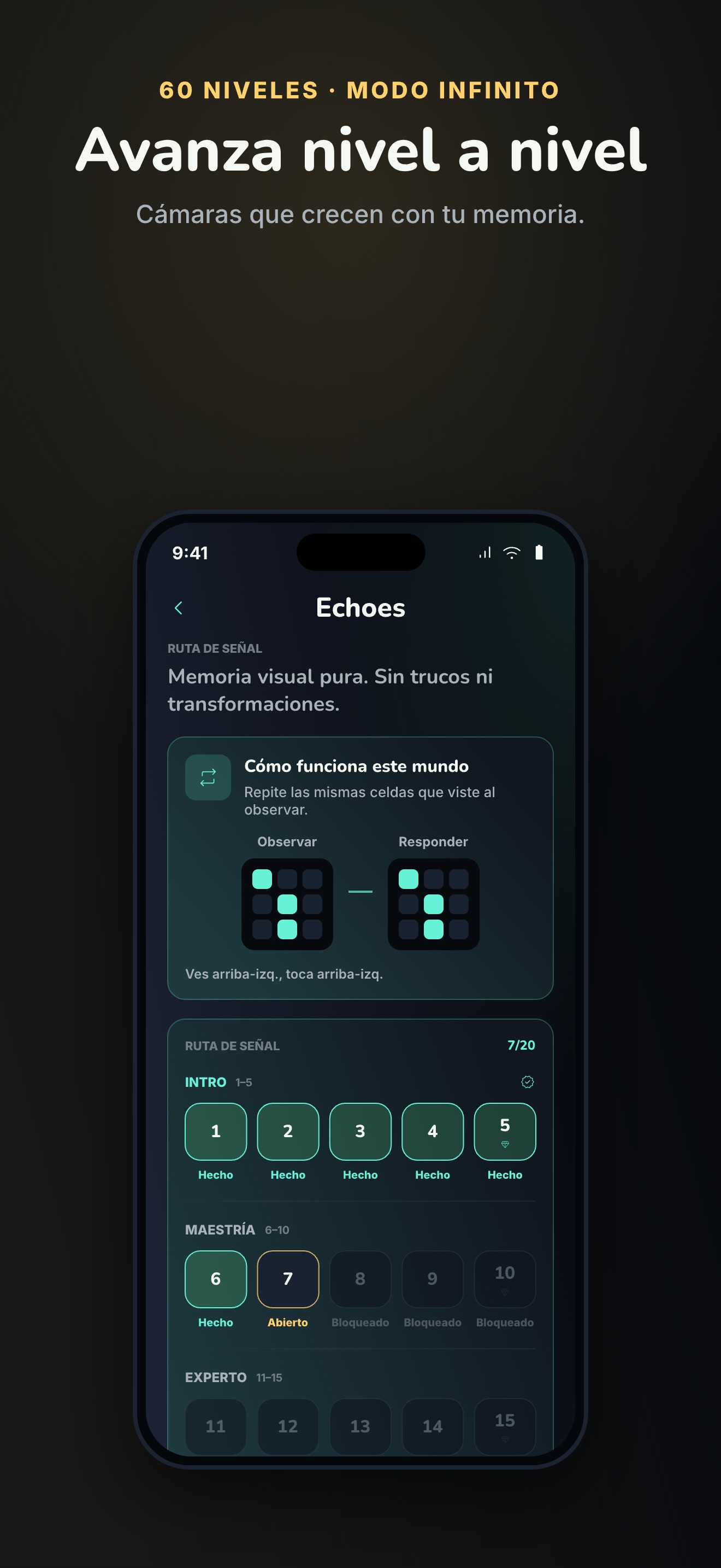Retos diarios y partidas sin fin en EchoGrid — mantén tu racha, sigue tu maestría y desbloquea logros, sin cuenta.