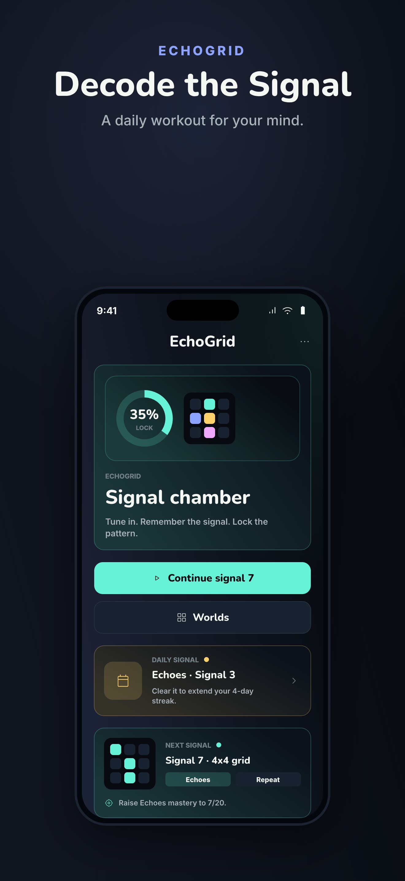 EchoGrid mastery — sharpen your visual memory, focus and spatial reasoning across four worlds.