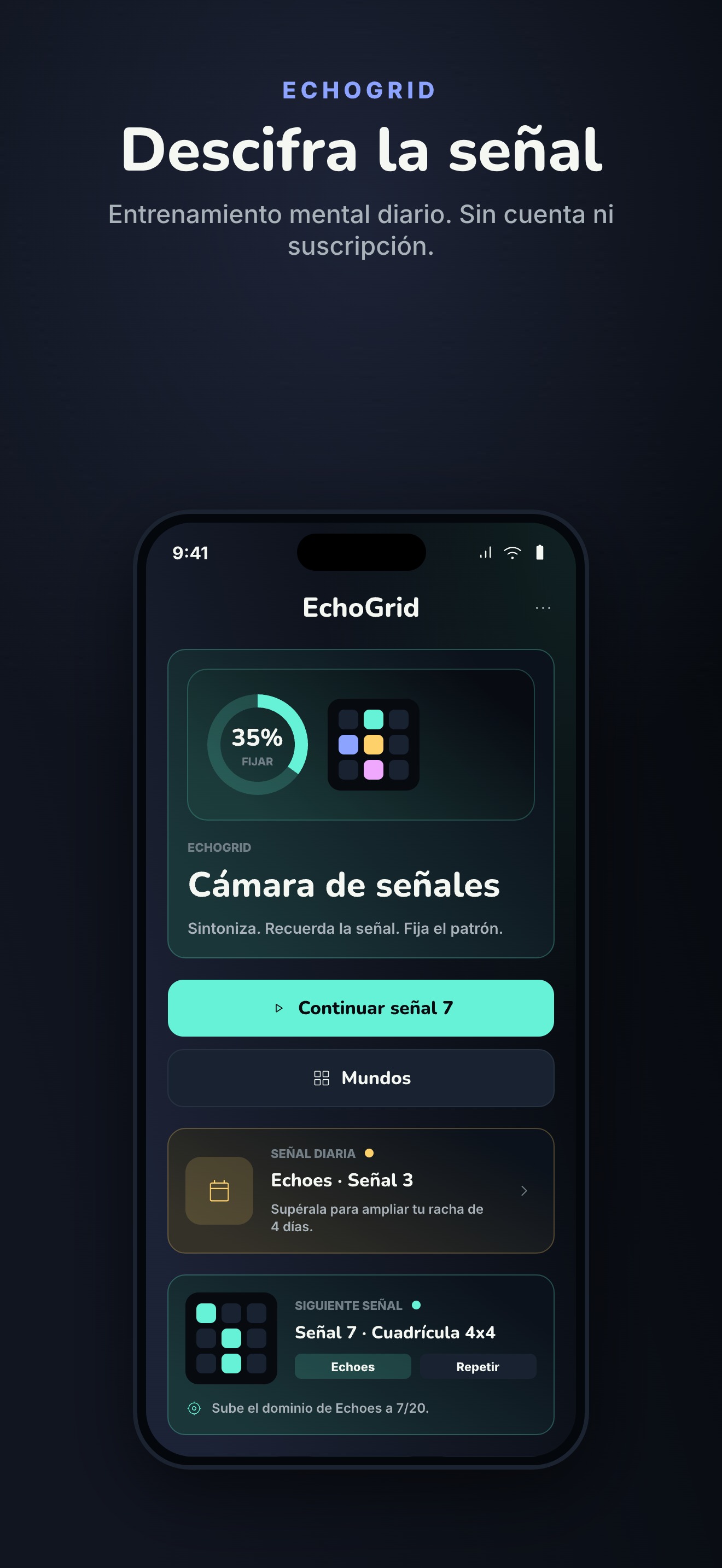Maestría en EchoGrid — afina tu memoria visual, tu foco y tu razonamiento espacial en cuatro mundos.