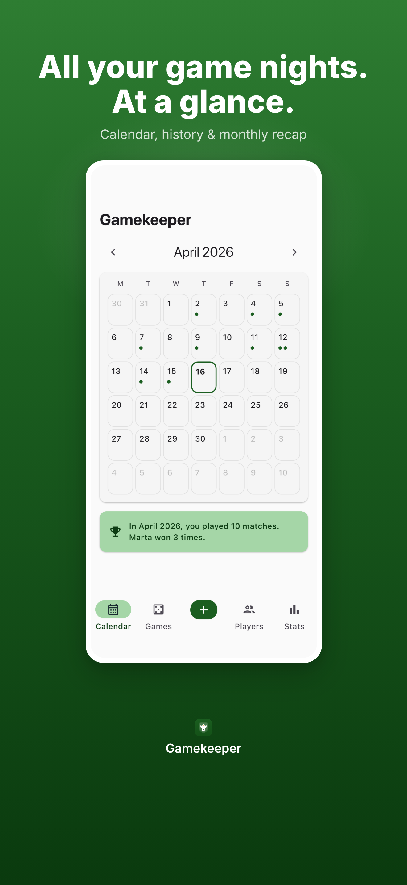 Calendar view of Gamekeeper showing a month with highlighted game nights and match summaries.