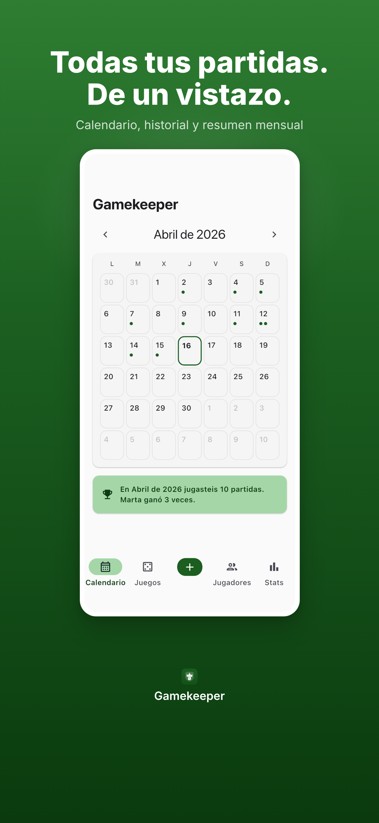 Vista de calendario de Gamekeeper con las noches de juego destacadas en el mes y un resumen de partidas.