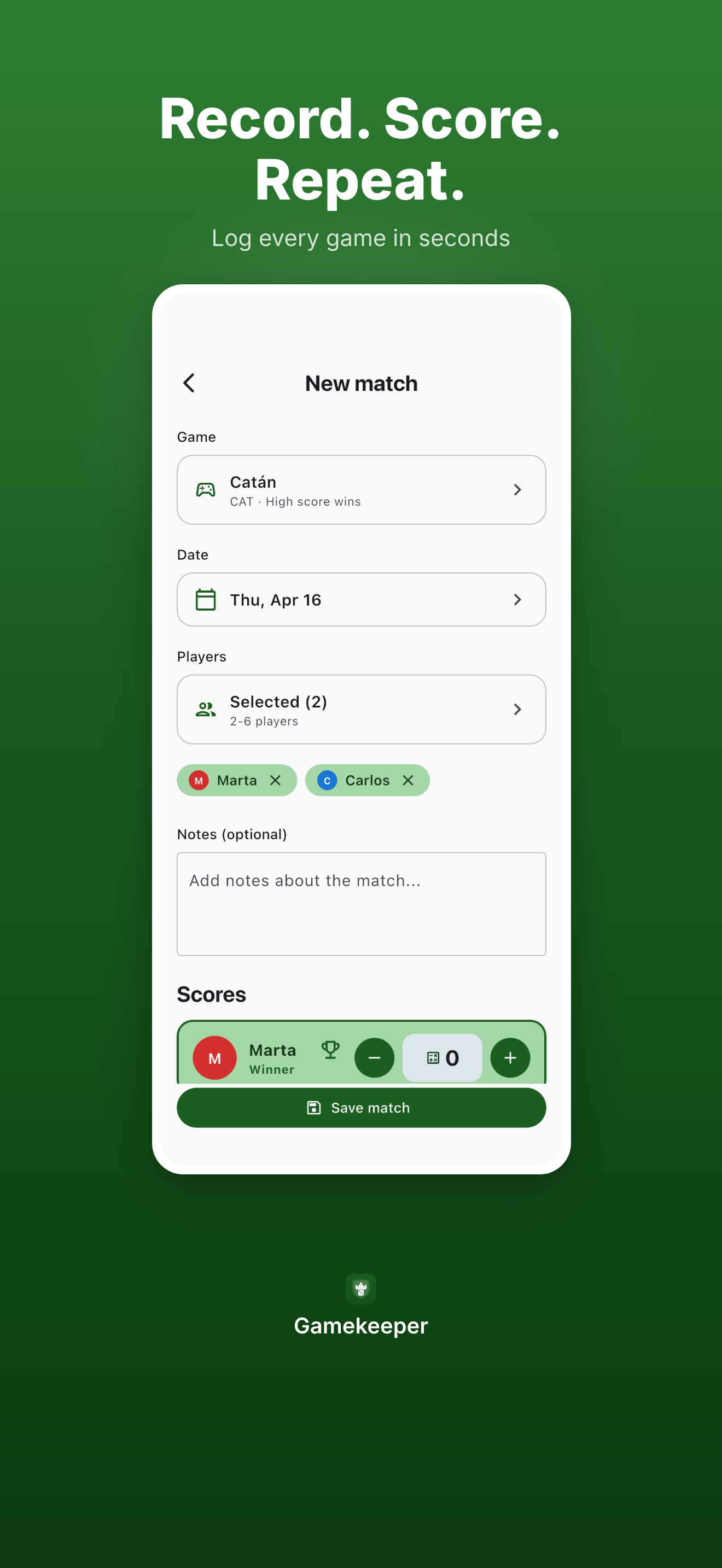 Add-match screen with players selected and score inputs ready.