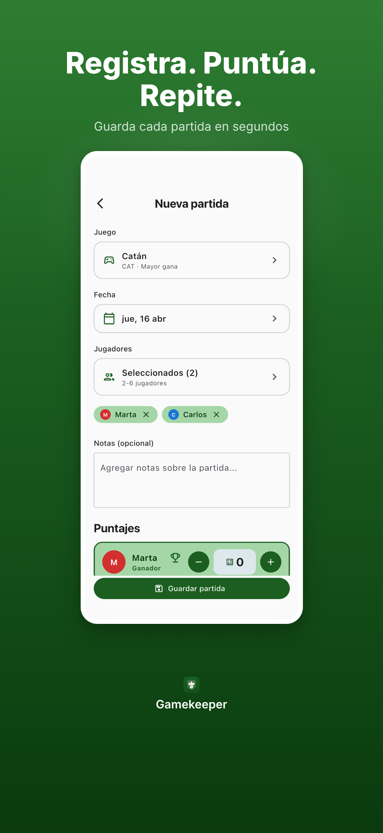 Pantalla de añadir partida con jugadores seleccionados y campos de puntuación listos.