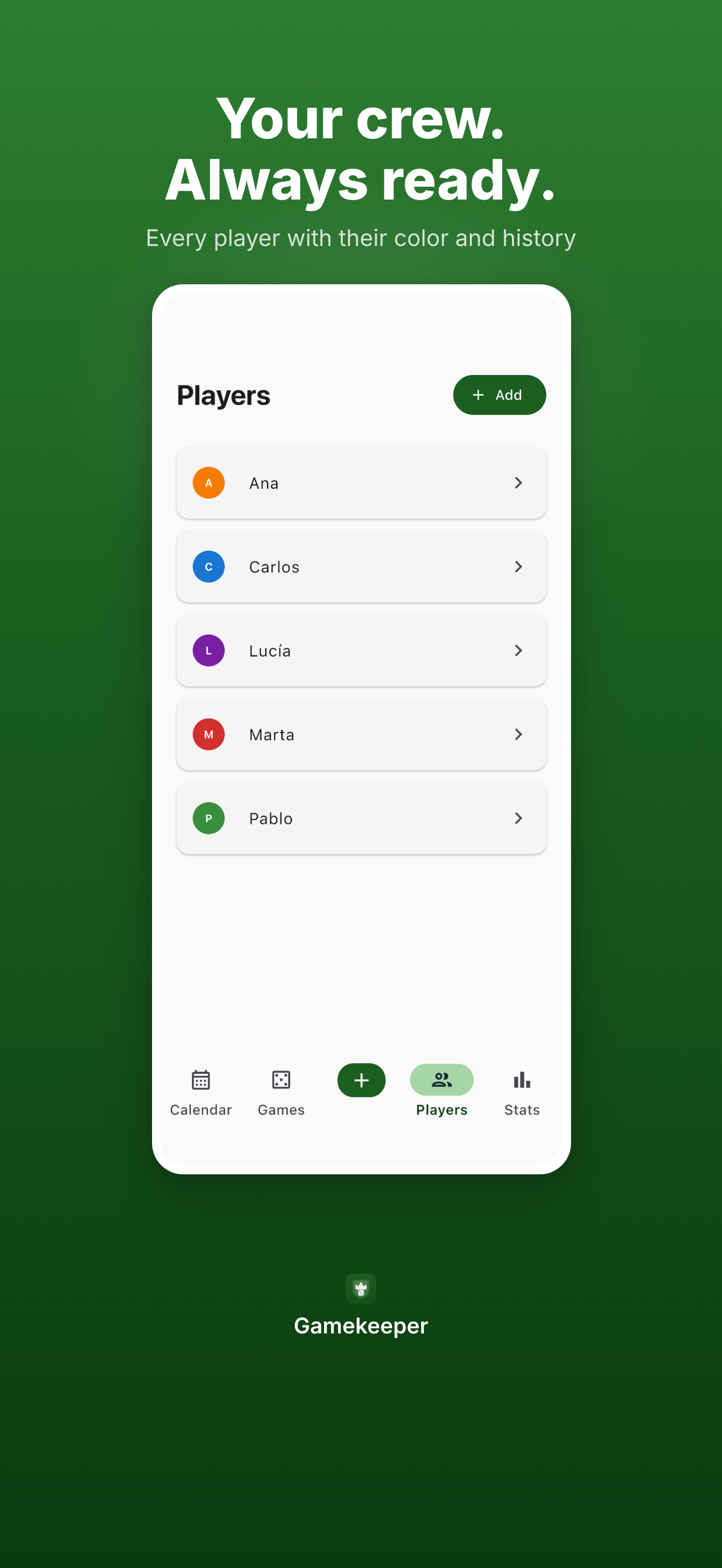 Players list with color-coded avatars and active state toggles.