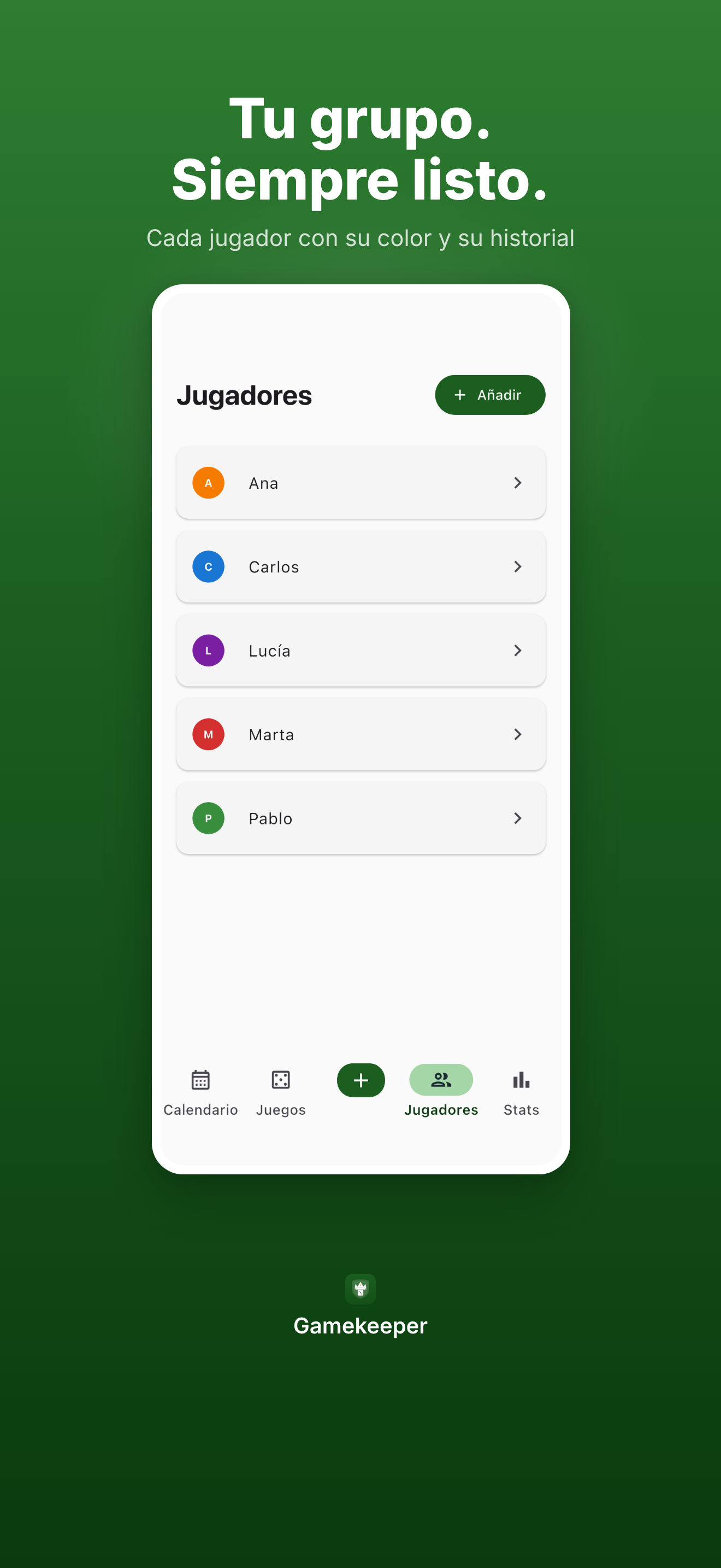 Lista de jugadores con avatares codificados por color e interruptor de estado activo.