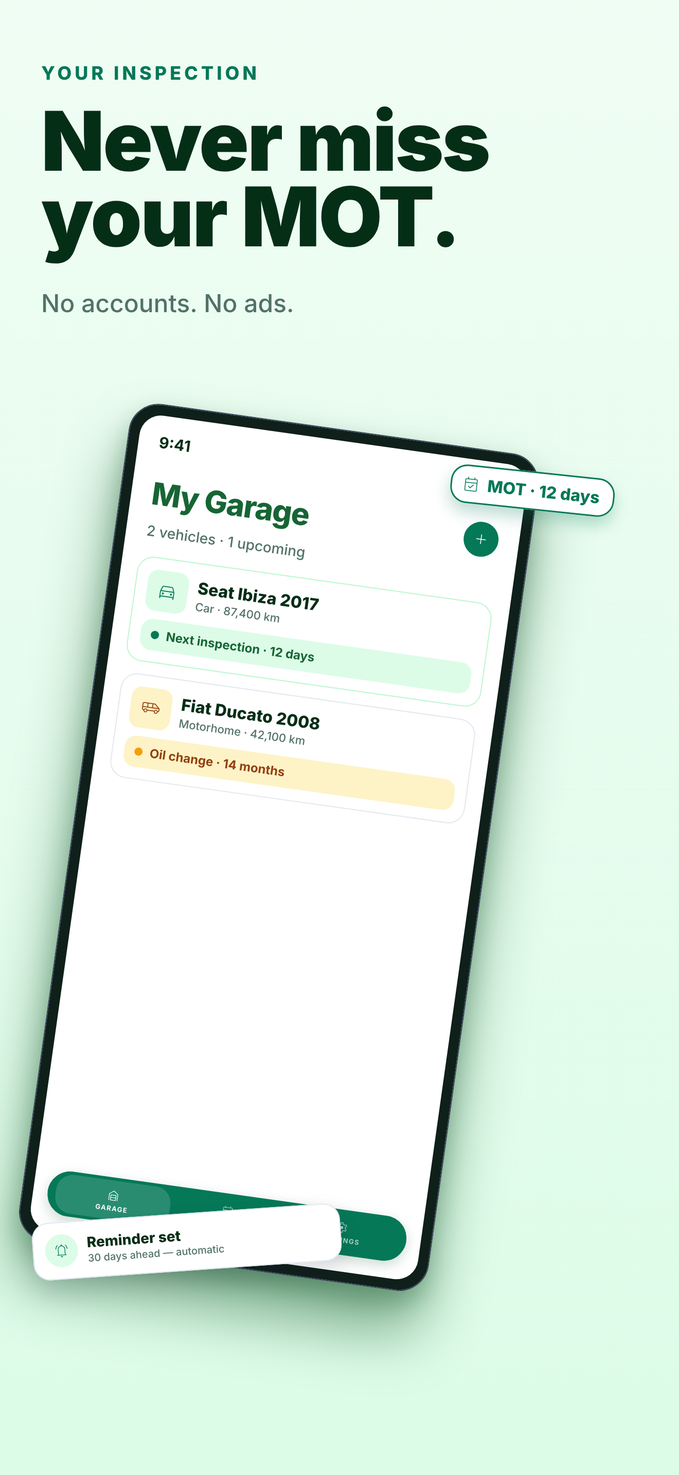 Karvyn home view showing the user's vehicles and next inspections at a glance.