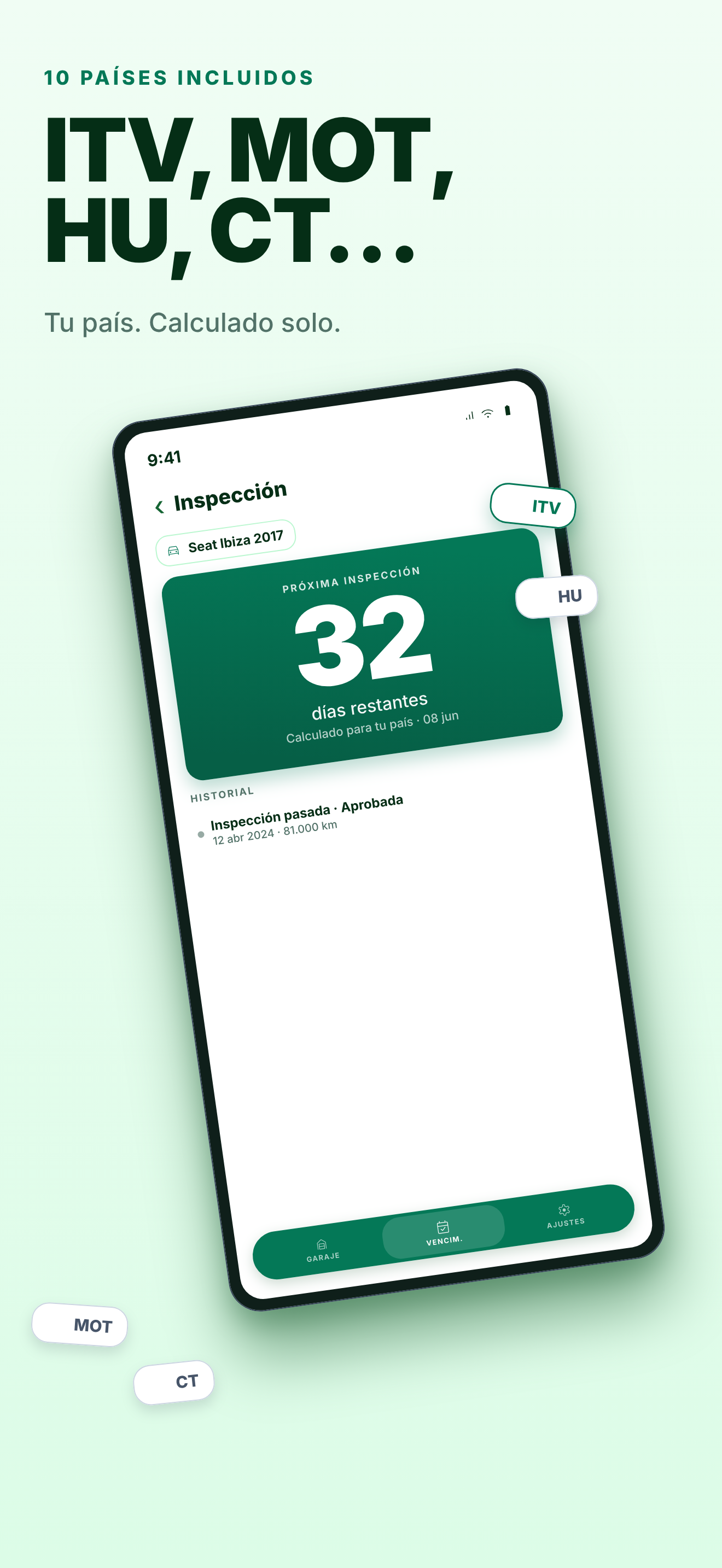 Detalle de inspección en Karvyn con la próxima ITV/MOT calculada por reglas del país.