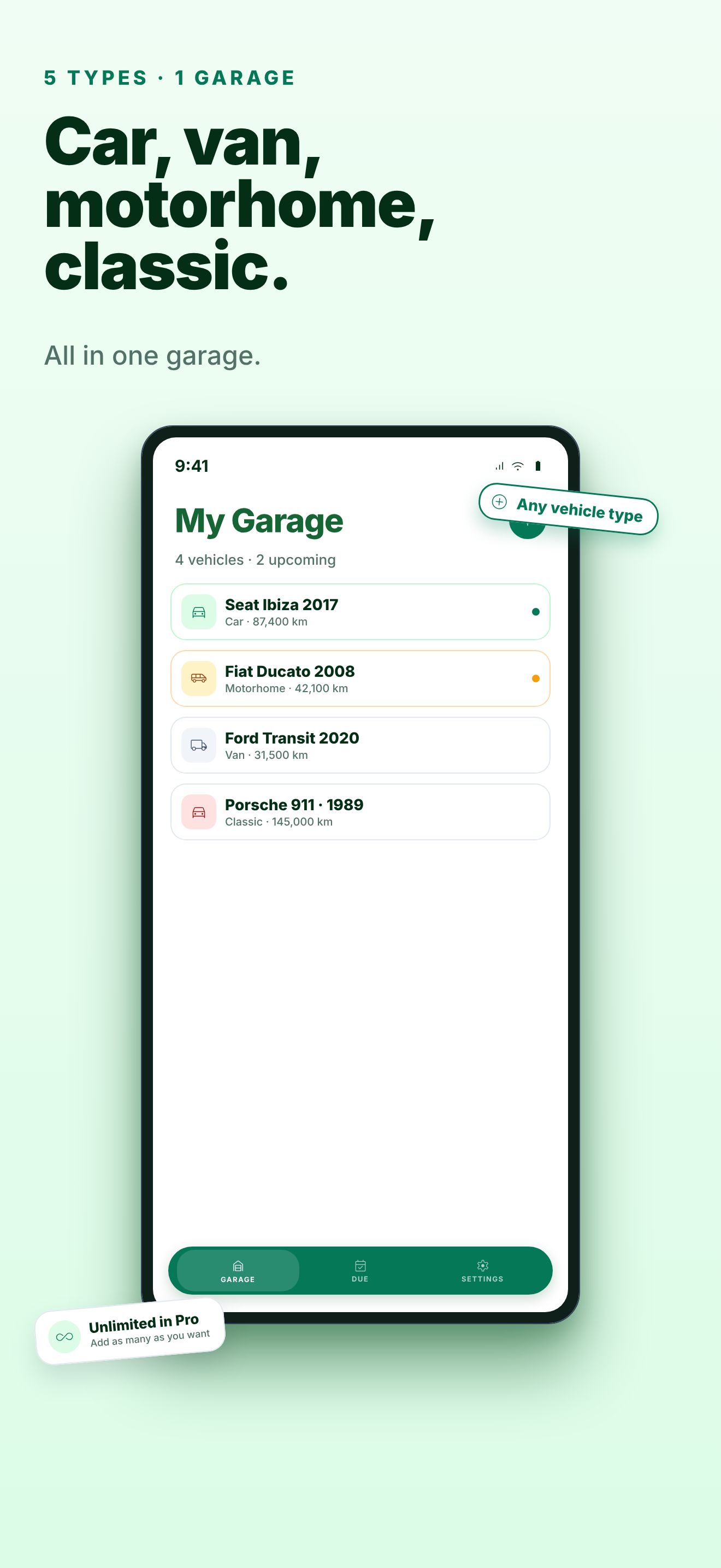 Karvyn multi-vehicle garage with cars, vans and motorhomes side by side.