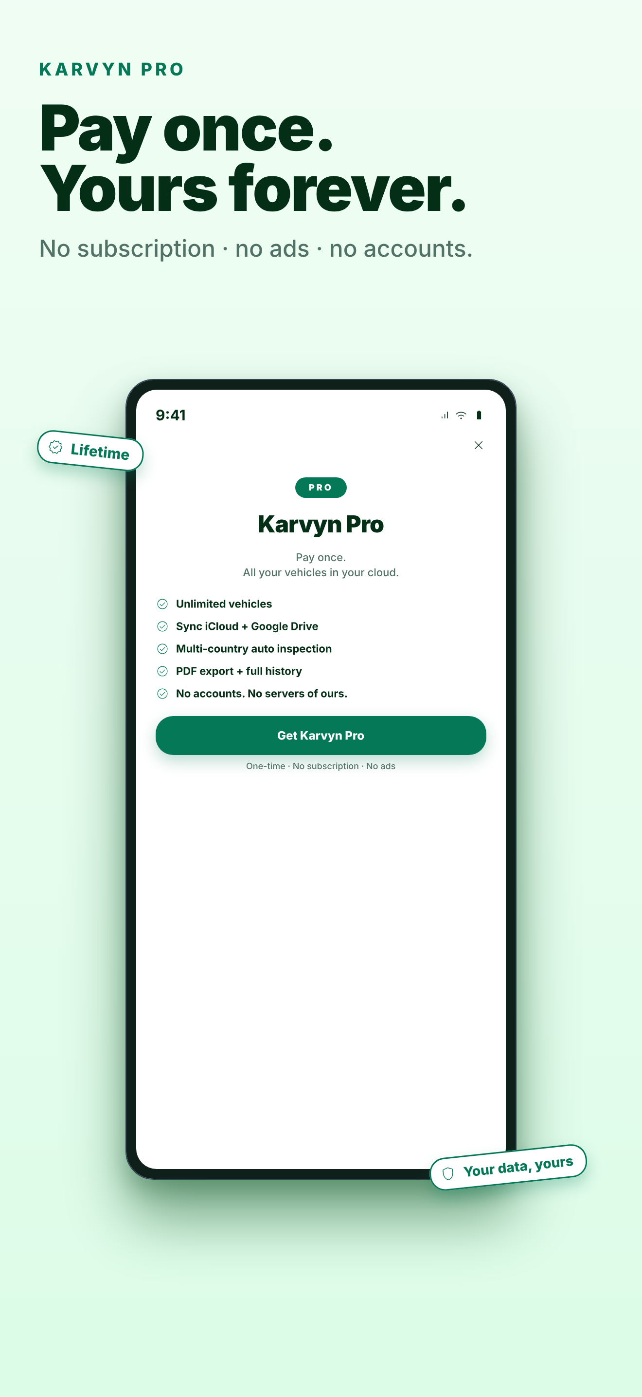 Karvyn Pro lifetime purchase screen — one-time payment, no subscription.