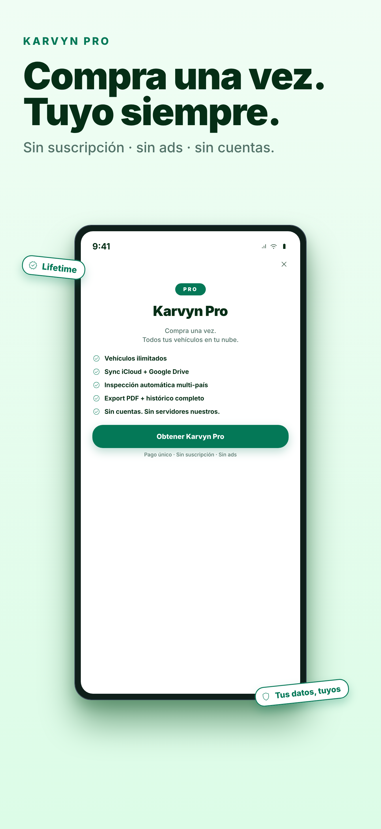 Pantalla de compra única de Karvyn Pro — sin suscripción.