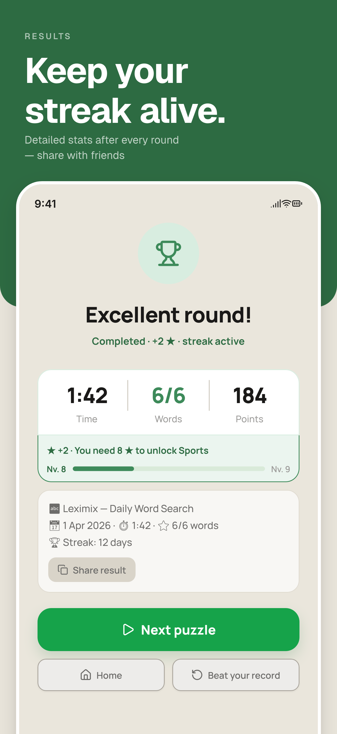 Leximix app showing puzzle results and combo score