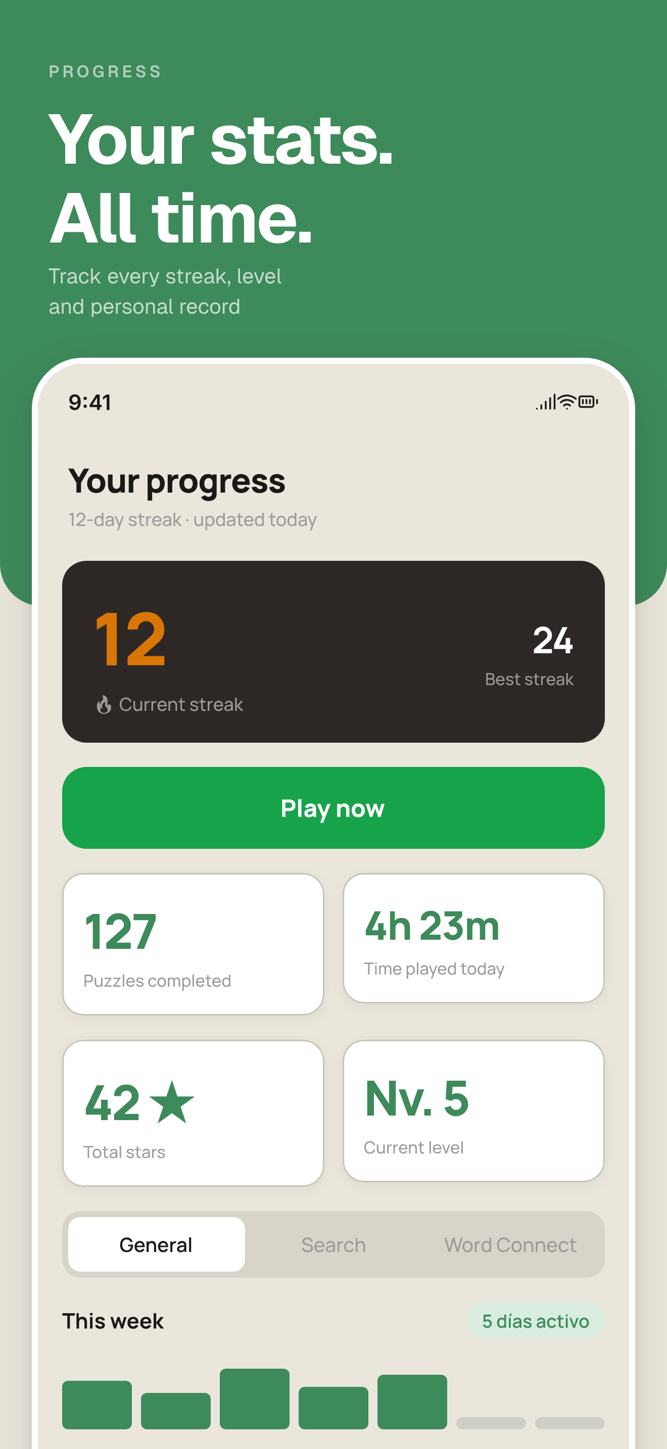 Leximix app showing player stats and streak tracking