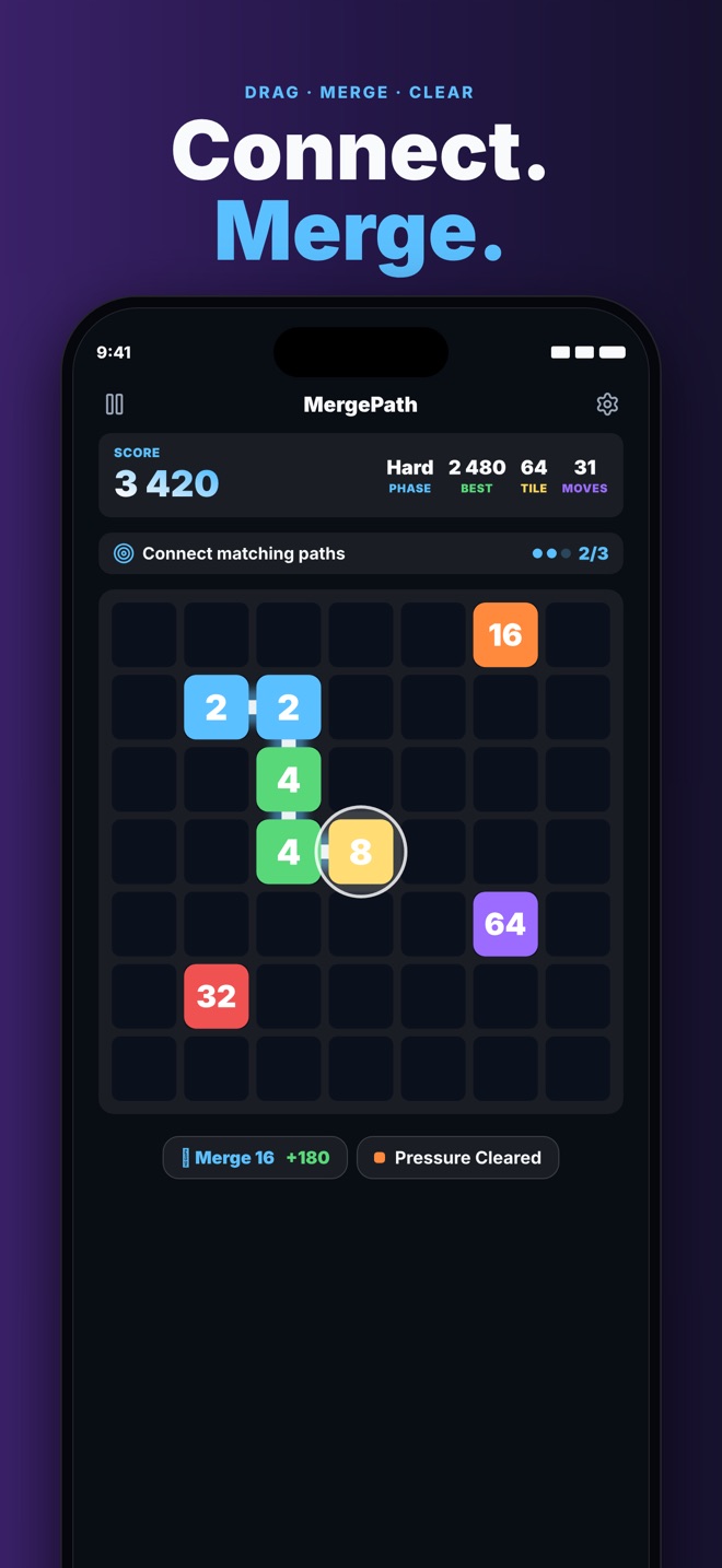 MergePath gameplay — draw a path across matching tiles and merge them into bigger numbers.