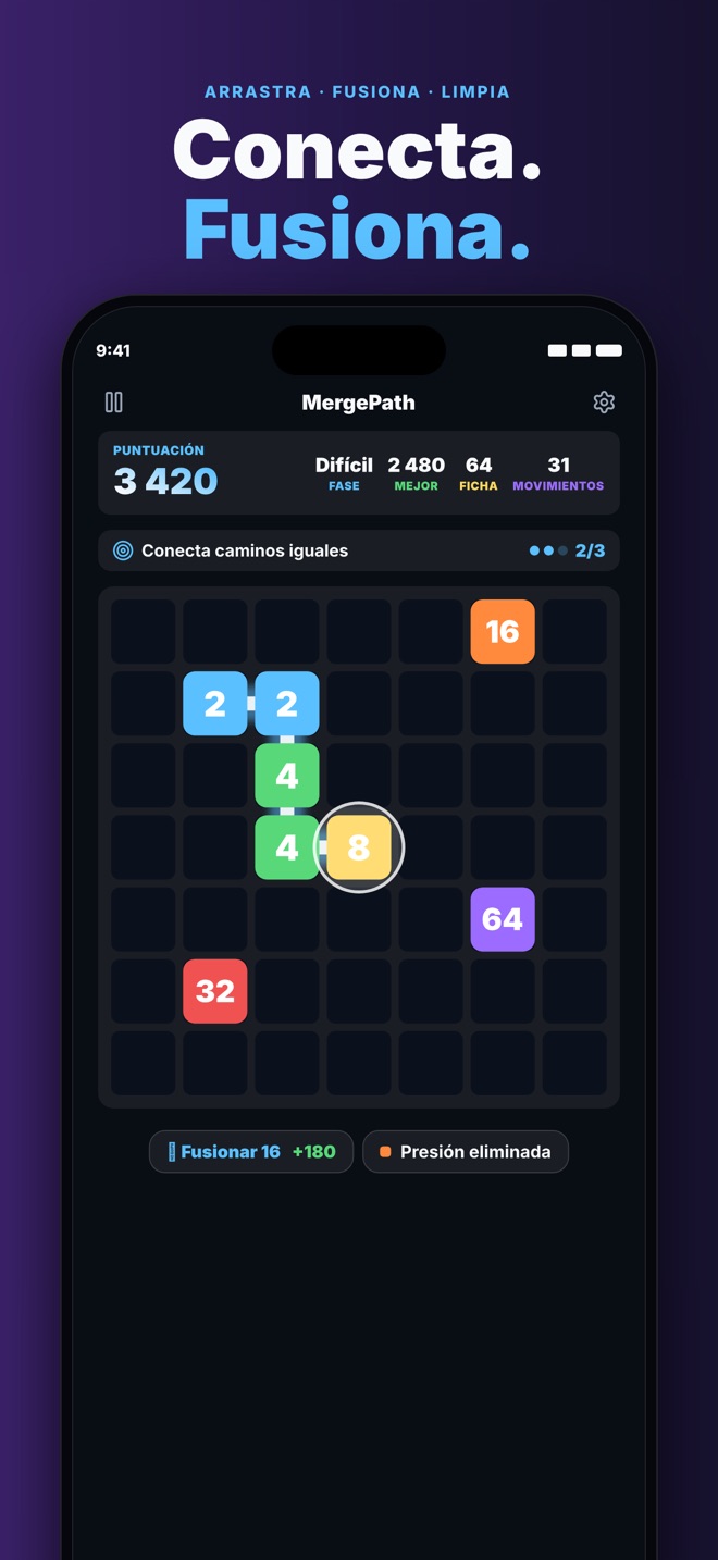 Juego de MergePath — traza un camino por fichas que coinciden y fúsionalas en números mayores.