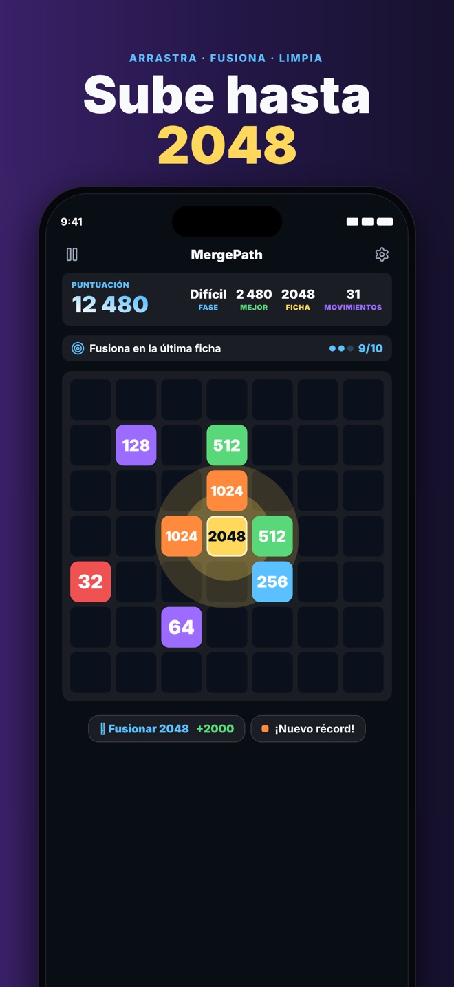 Fusión en MergePath — suelta el camino para combinar fichas en la siguiente potencia de dos.
