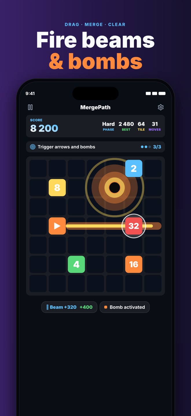 MergePath special tiles — fire directional beams and bombs to clear the board.