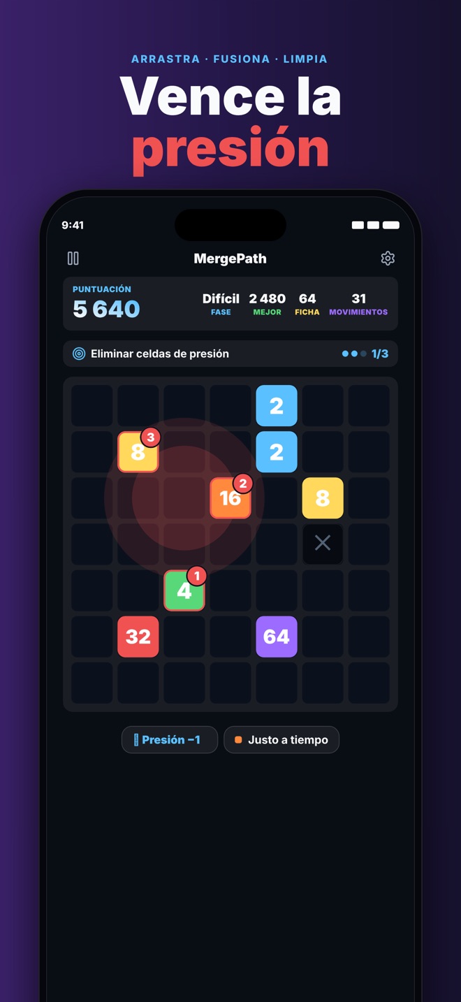 Casillas a presión de MergePath — limpia filas y columnas completas antes de que se llene el tablero.