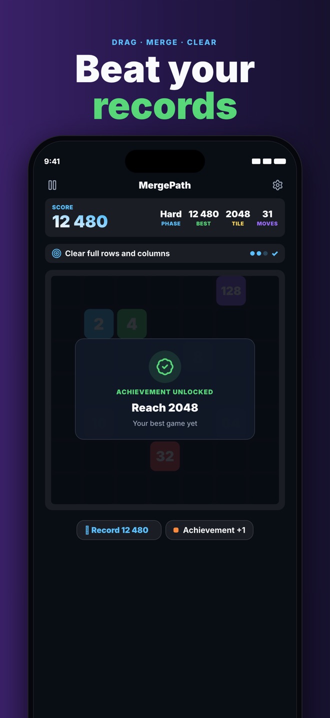 MergePath Game Center — unlock achievements and beat your high score on the way to 2048.