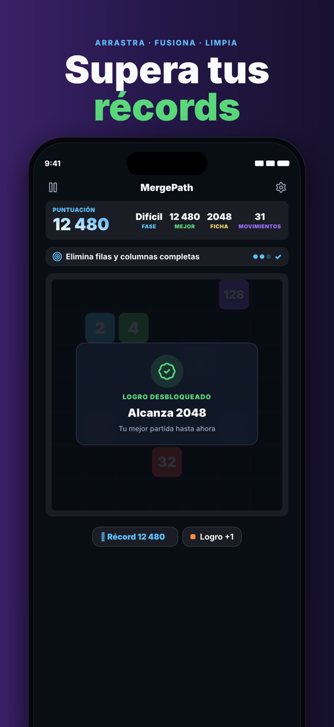 Game Center en MergePath — desbloquea logros y supera tu récord camino a 2048.