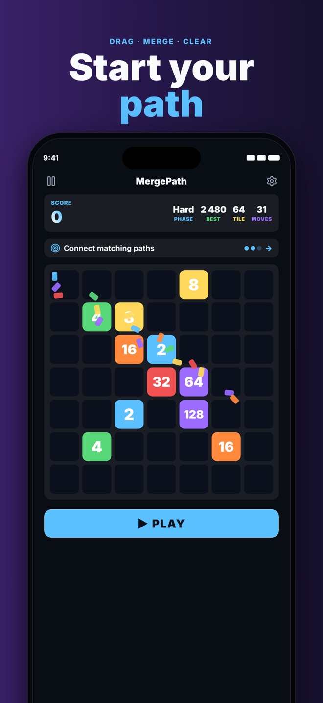 MergePath — chase the next big tile past 2048, just one more move.