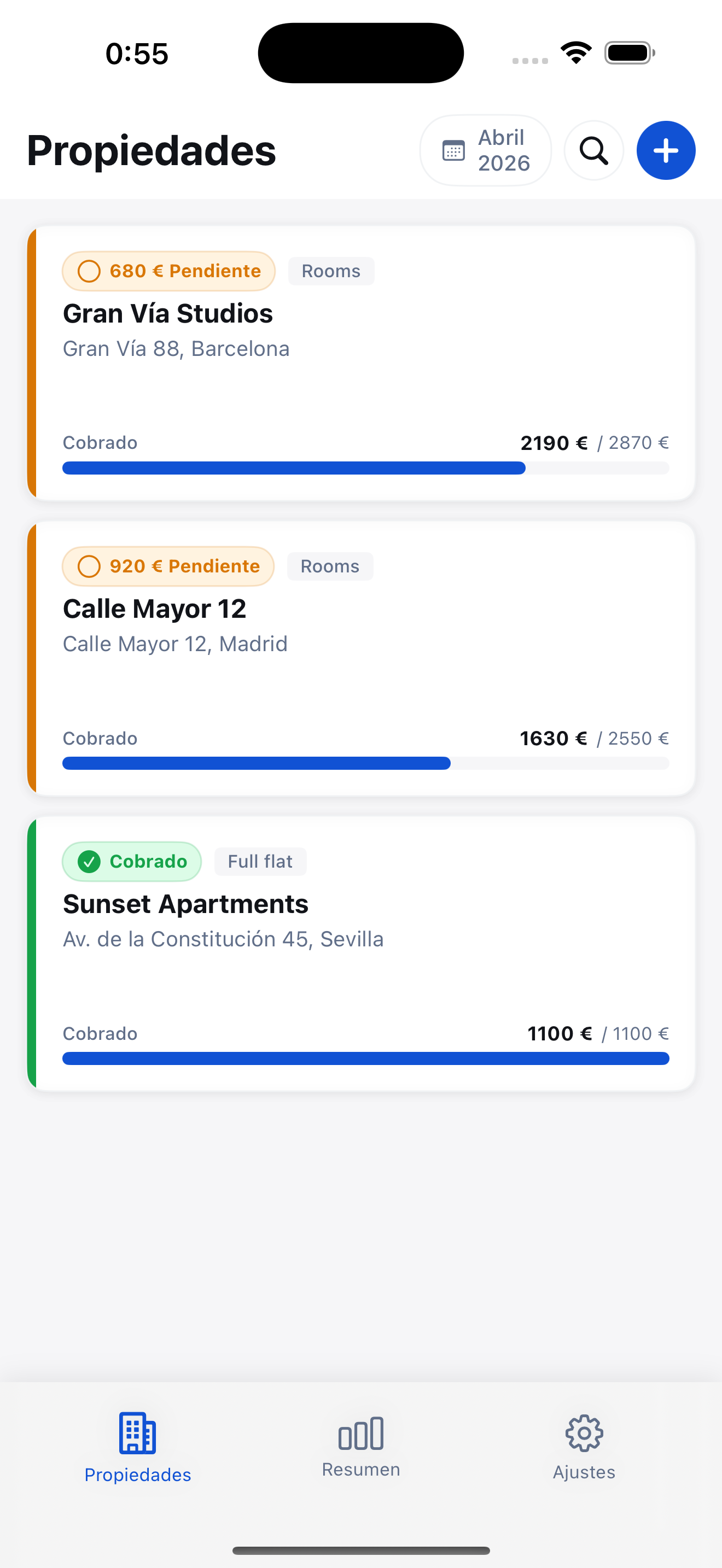 RentDue app showing the property list on Android