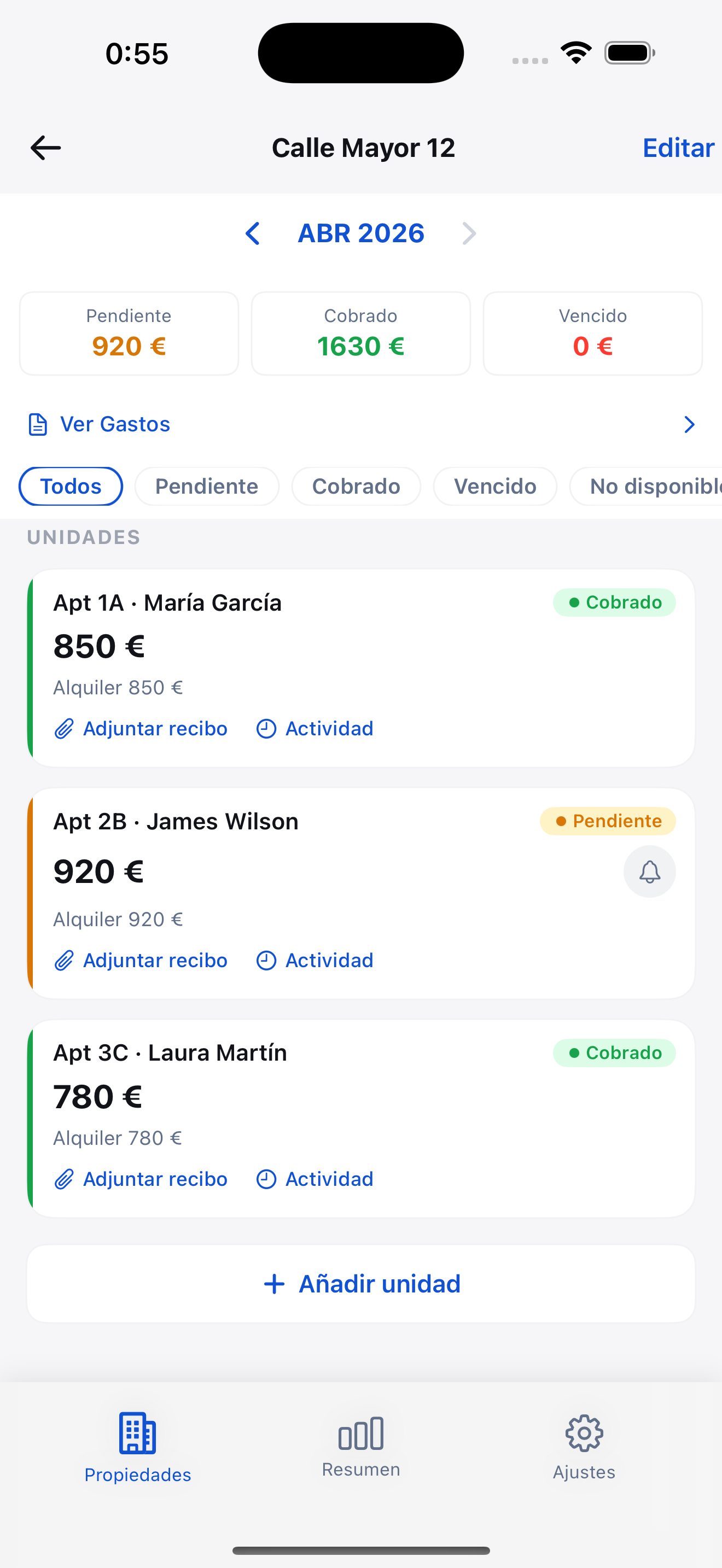 RentDue app showing rent payment details for a property