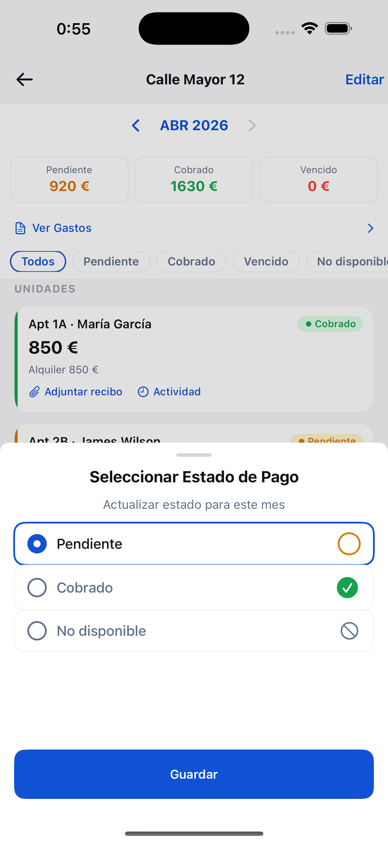 RentDue app showing a rent payment status change