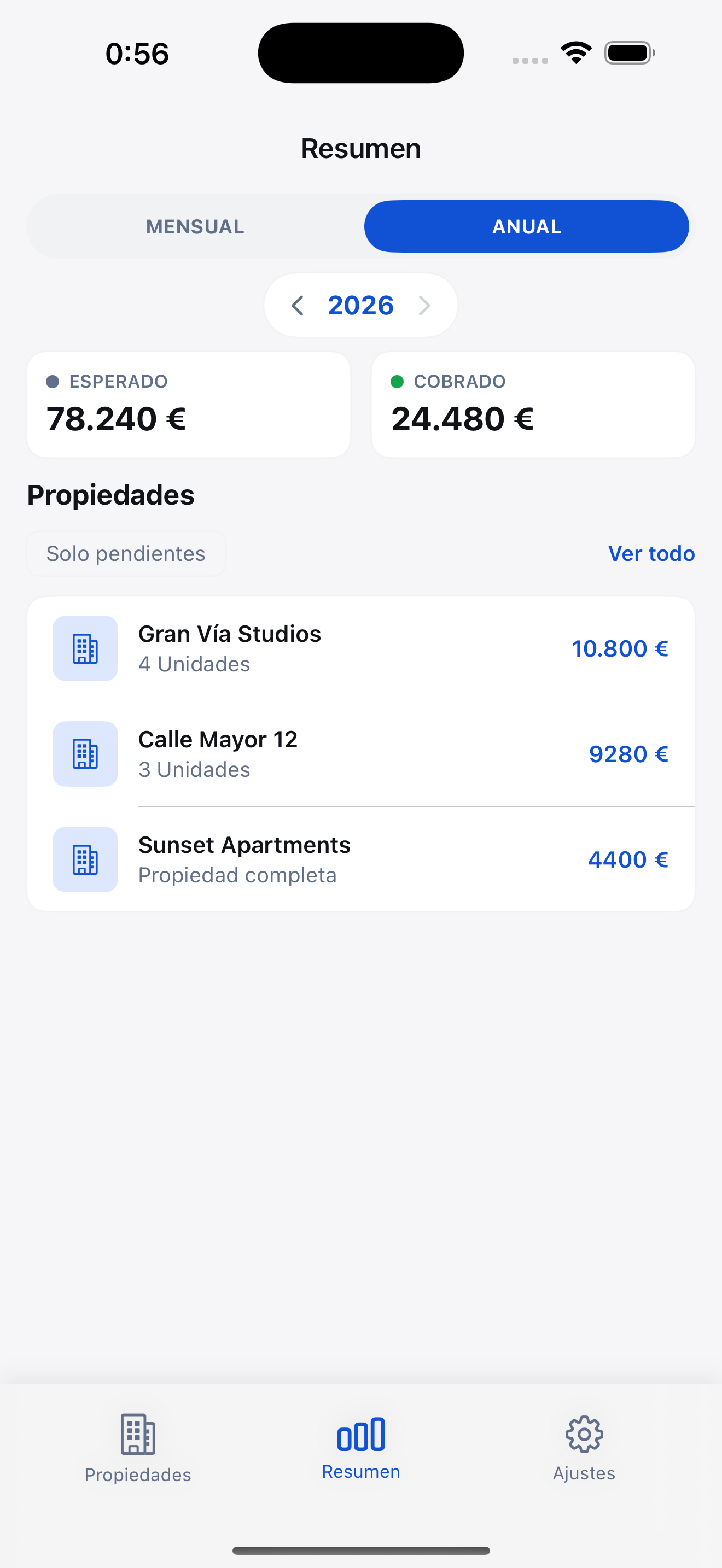 RentDue app showing an annual rent payment summary