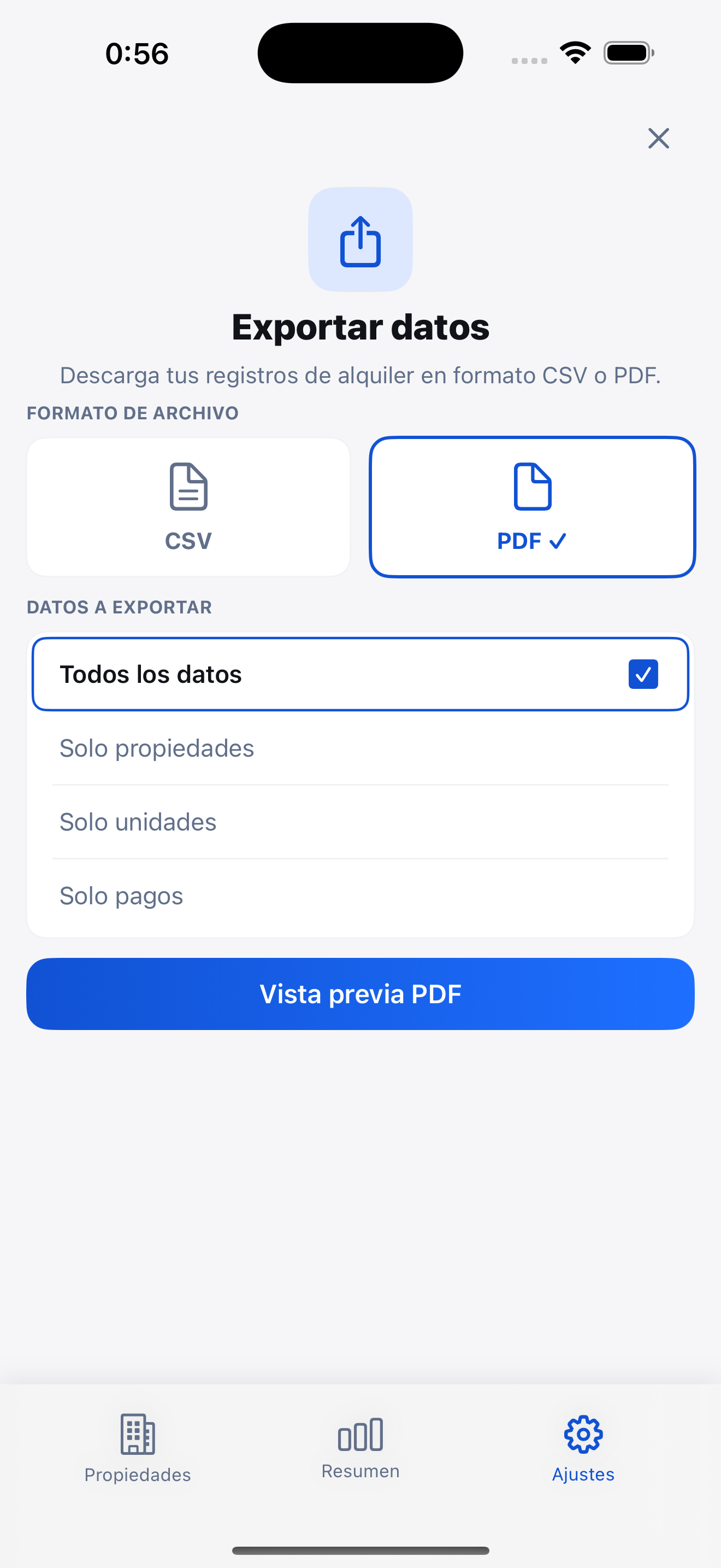 RentDue app showing a PDF export preview
