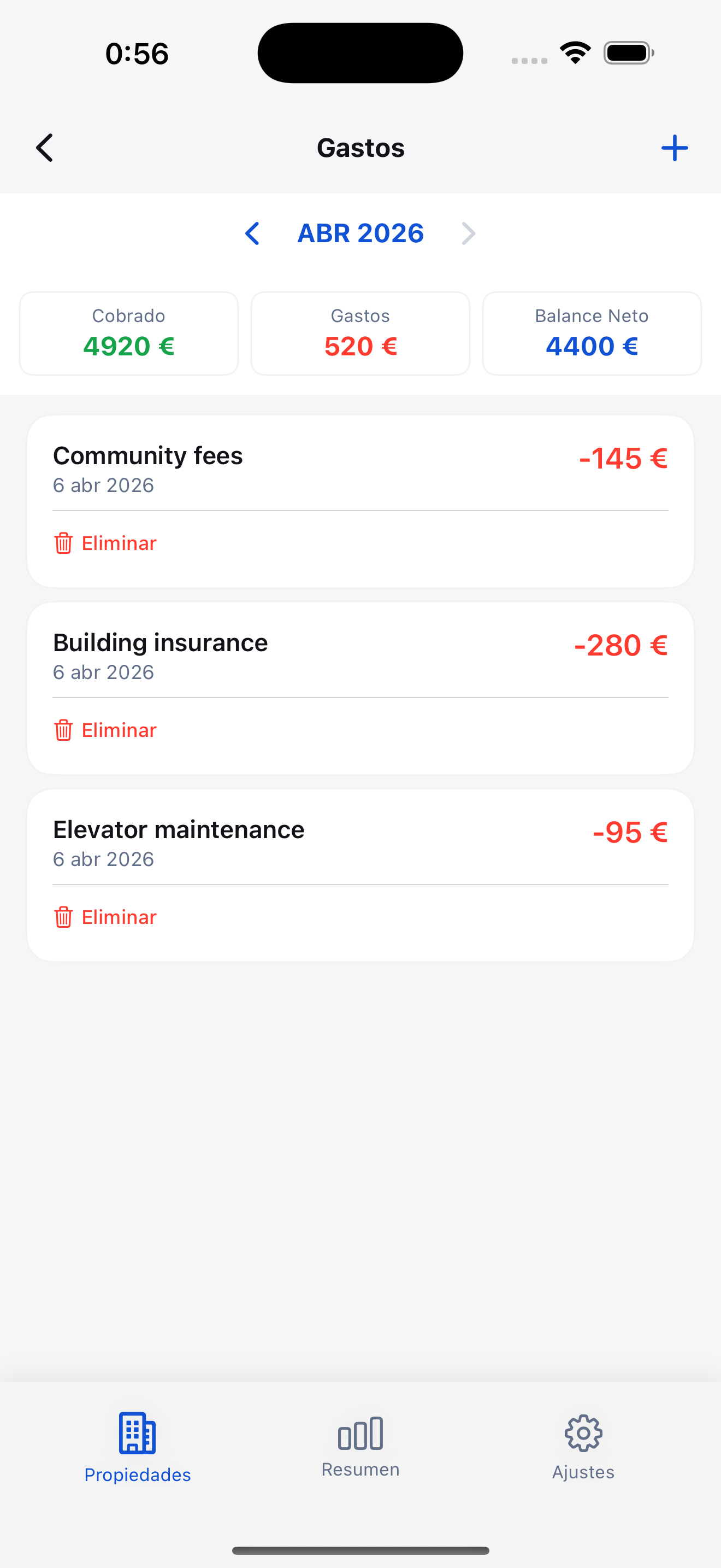 RentDue app showing property expense tracking