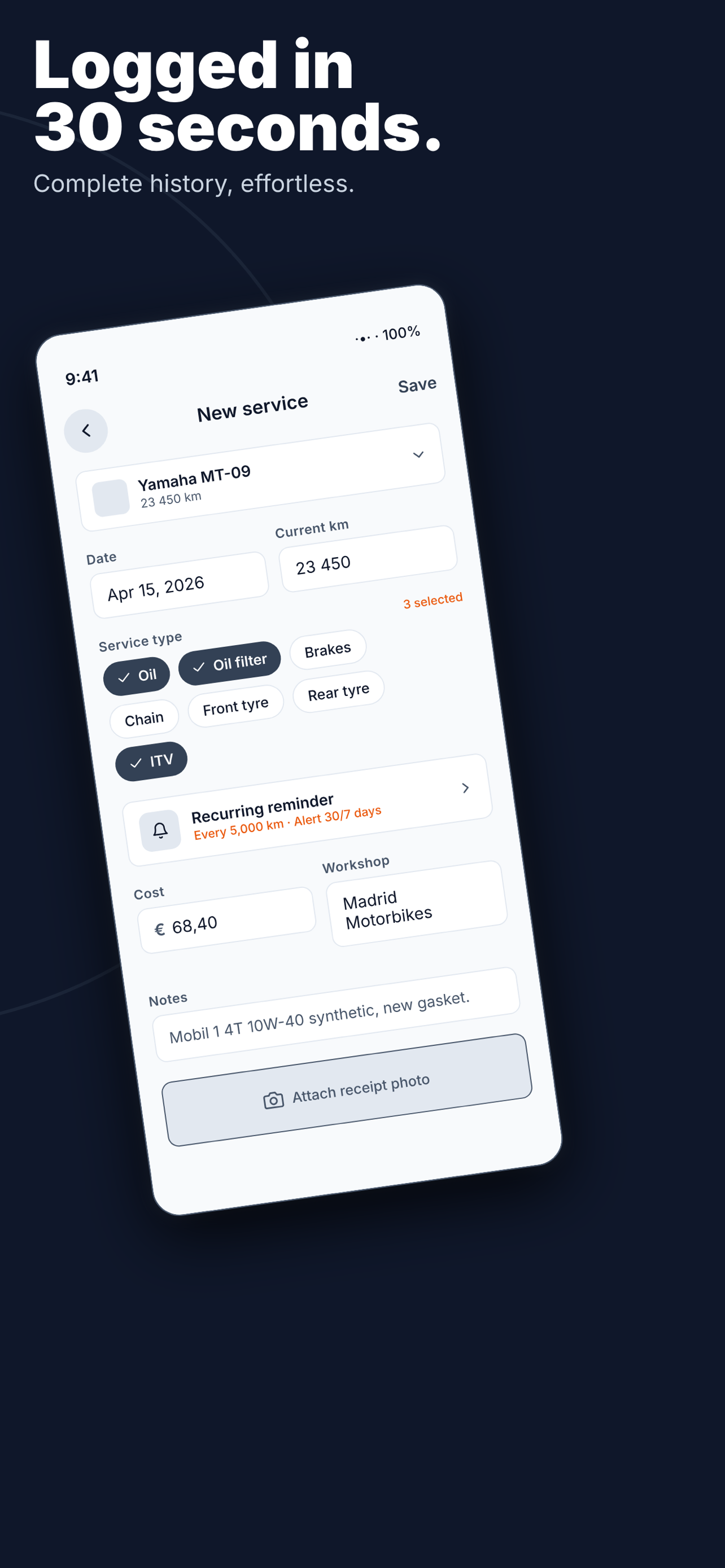 Revvo add-service screen with type, mileage, cost and notes fields.