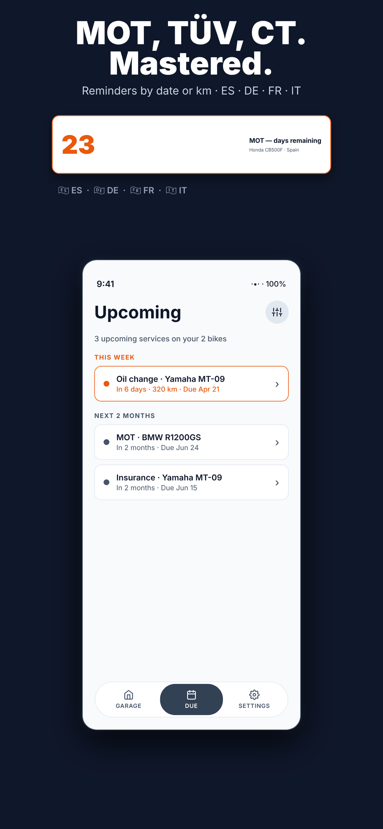 Revvo reminders list with upcoming ITV/TÜV and service deadlines.