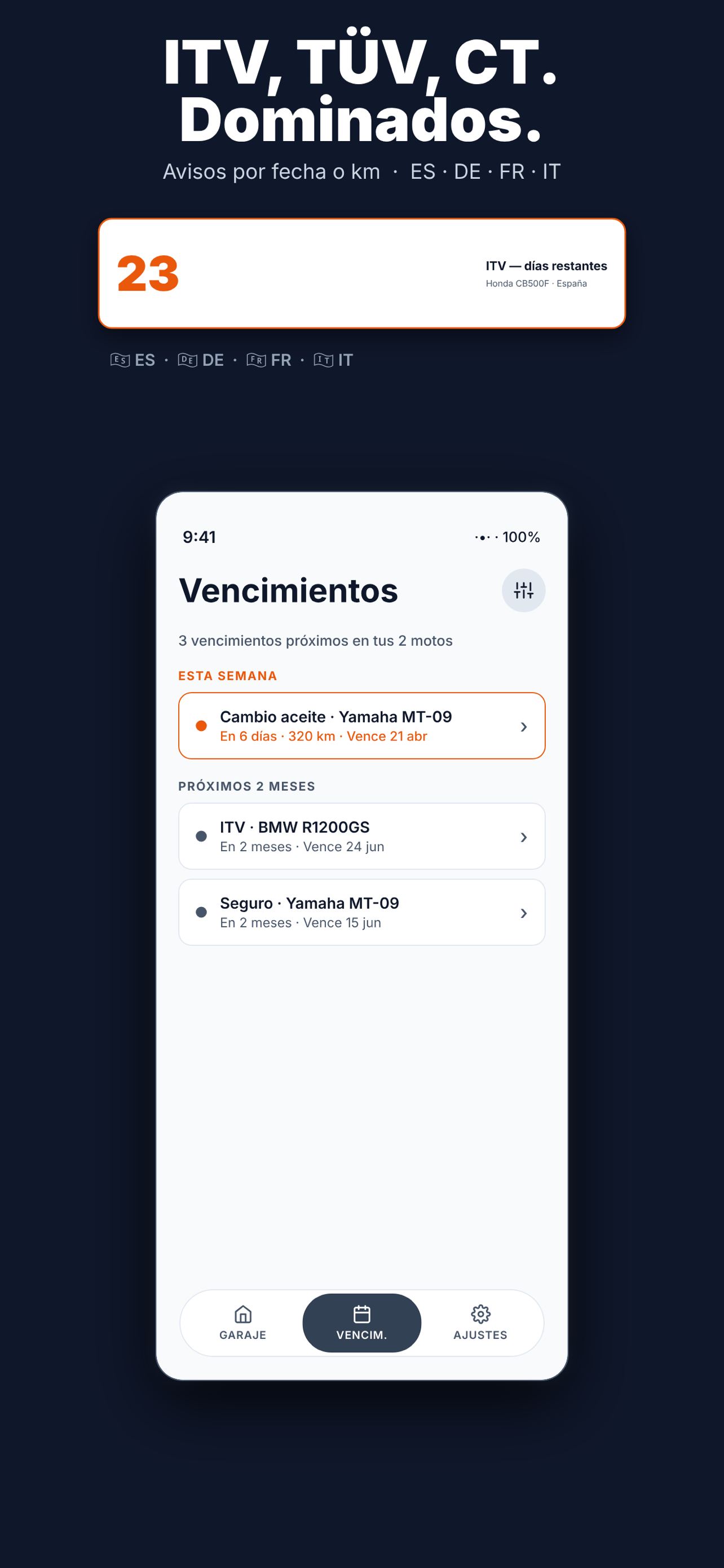 Lista de recordatorios de Revvo con próximas ITV y servicios pendientes.