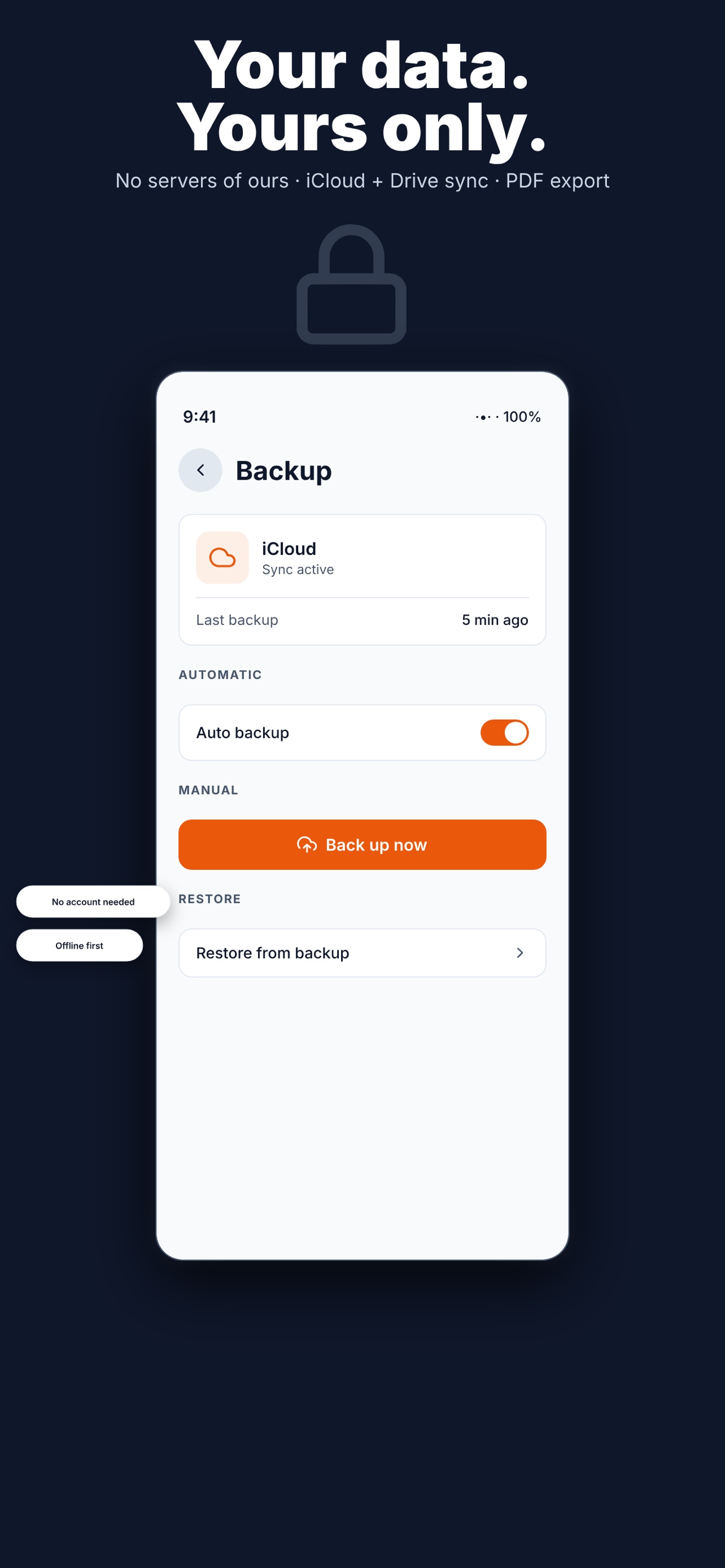 Revvo privacy screen highlighting offline-first data and no account required.