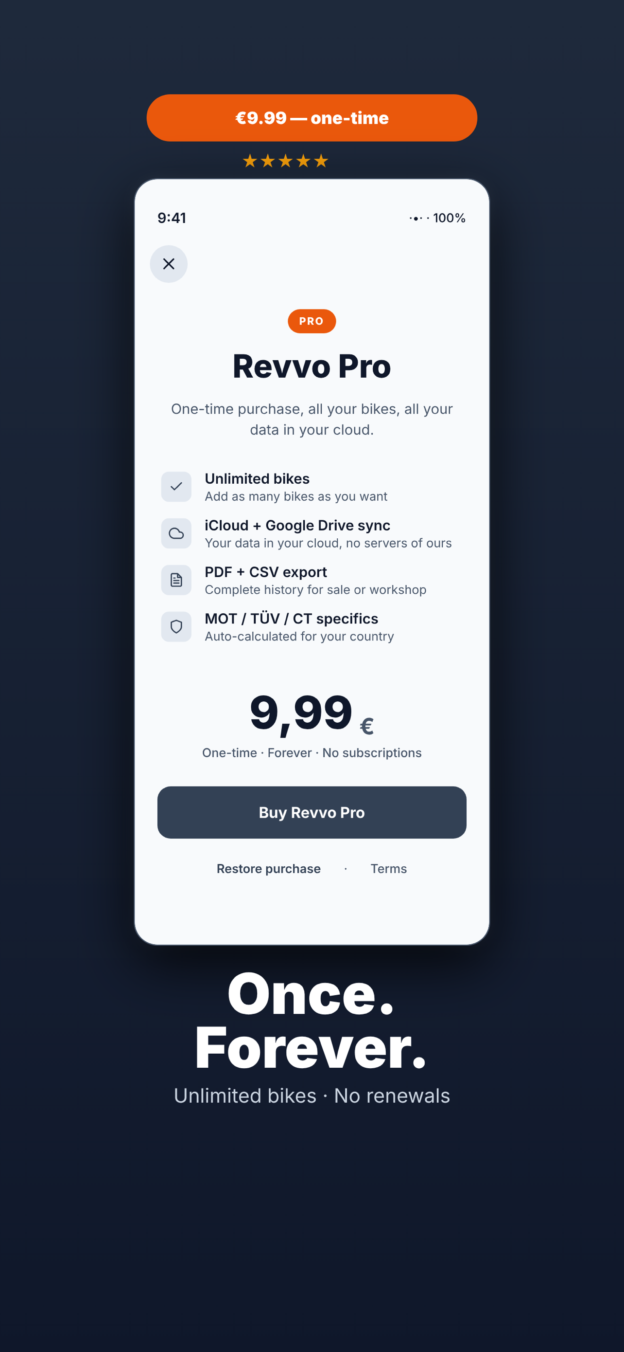 Revvo Pro upgrade screen showing multiple motorcycles and backup features.