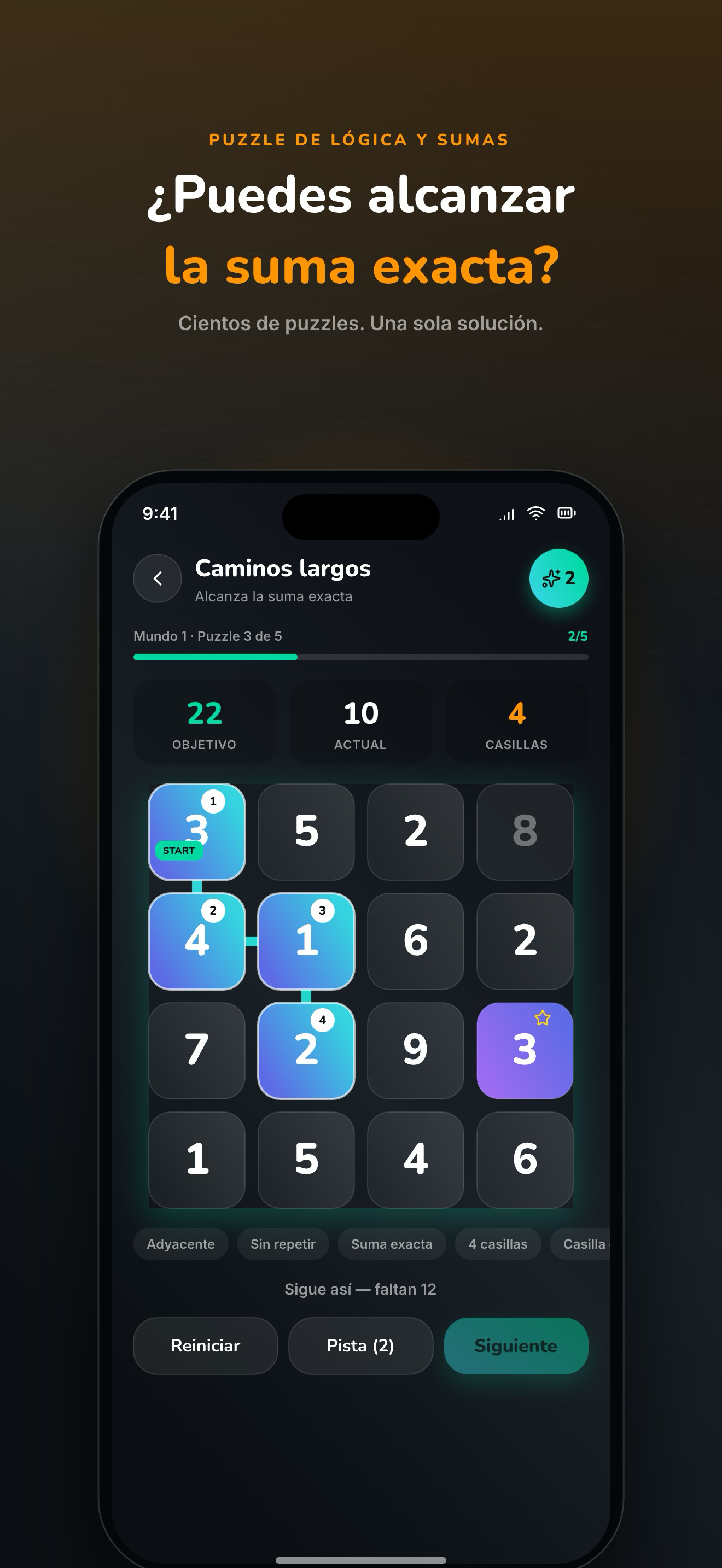 Tablero de Sumpath — traza un camino de fichas adyacentes cuyos valores alcancen la suma objetivo exacta.