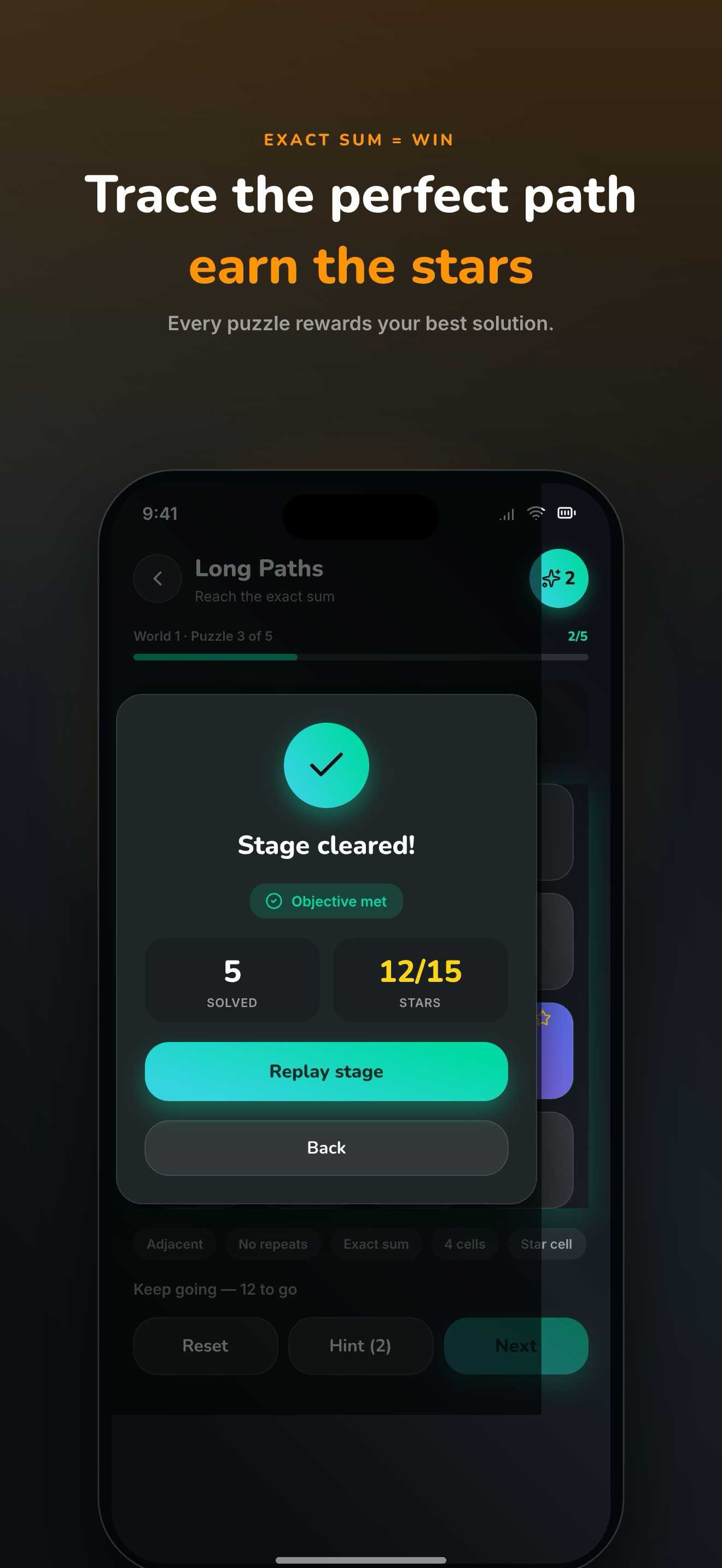 Sumpath stage complete — trace the perfect path and earn three stars for your best solution.